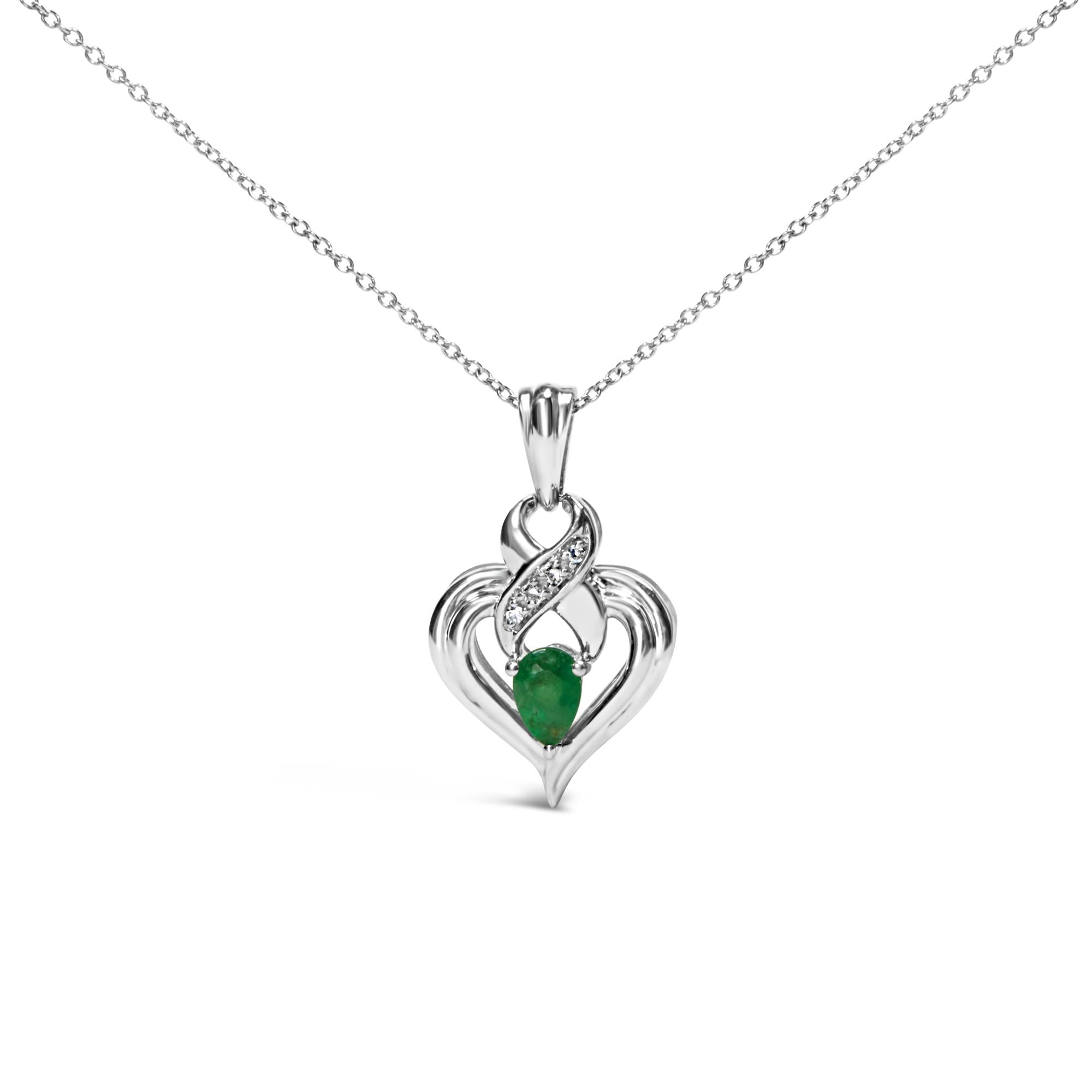 .925 Sterling Silver 6x4mm Pear Emerald and Diamond Accent Heart Pendant Necklace (H-I Color, SI1-SI2 Clarity) - 18 Inches - Friggin Jewelry