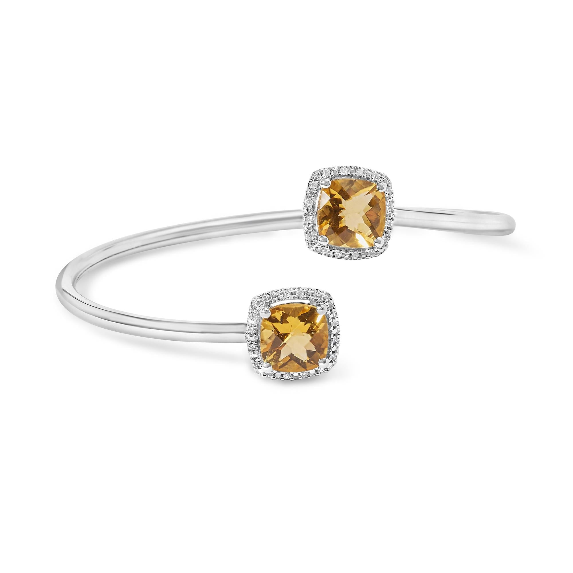.925 Sterling Silver 8mm Cushion Cut Yellow Citrine Gemstone and Diamond Accent Split Bypass Bangle Bracelet (H-I Color, SI1-SI2 Clarity)  - Fits up to 7.75" Inches - Friggin Jewelry