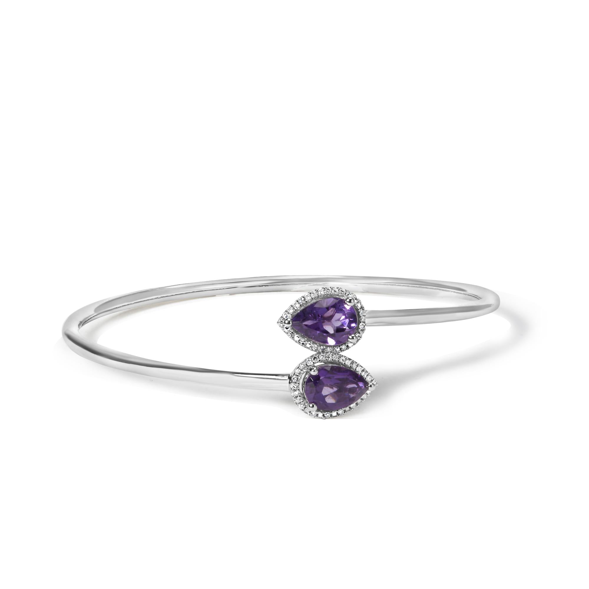 .925 Sterling Silver 8 x 5.5mm Pear Shape Amethyst  and Diamond Accent Halo Bypass Bangle Bracelet (H-I Color, SI1-SI2 Clarity)  - Fits up to 7" Inches - Friggin Jewelry