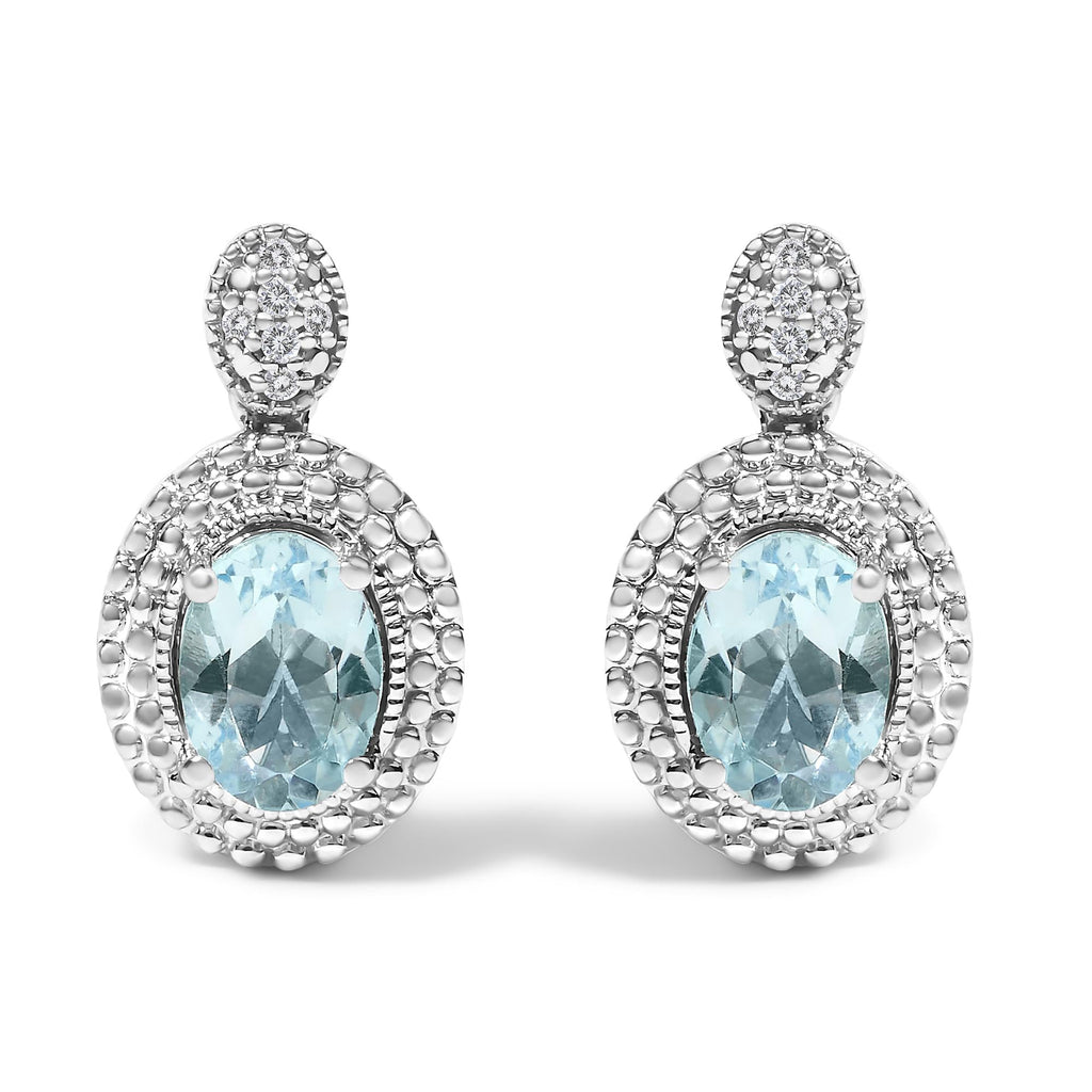 Pendientes de plata de ley 925 con detalles de diamantes y topacio azul ovalado con halo de cuentas (color IJ, claridad I1-I2) - Friggin Jewelry