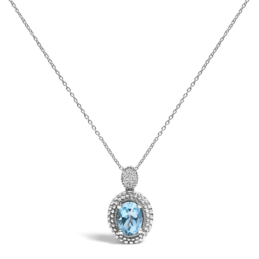Collana con ciondolo a forma di alone di perline in argento sterling 925 con topazio blu ovale e diamanti - 18" pollici - Friggin Jewelry