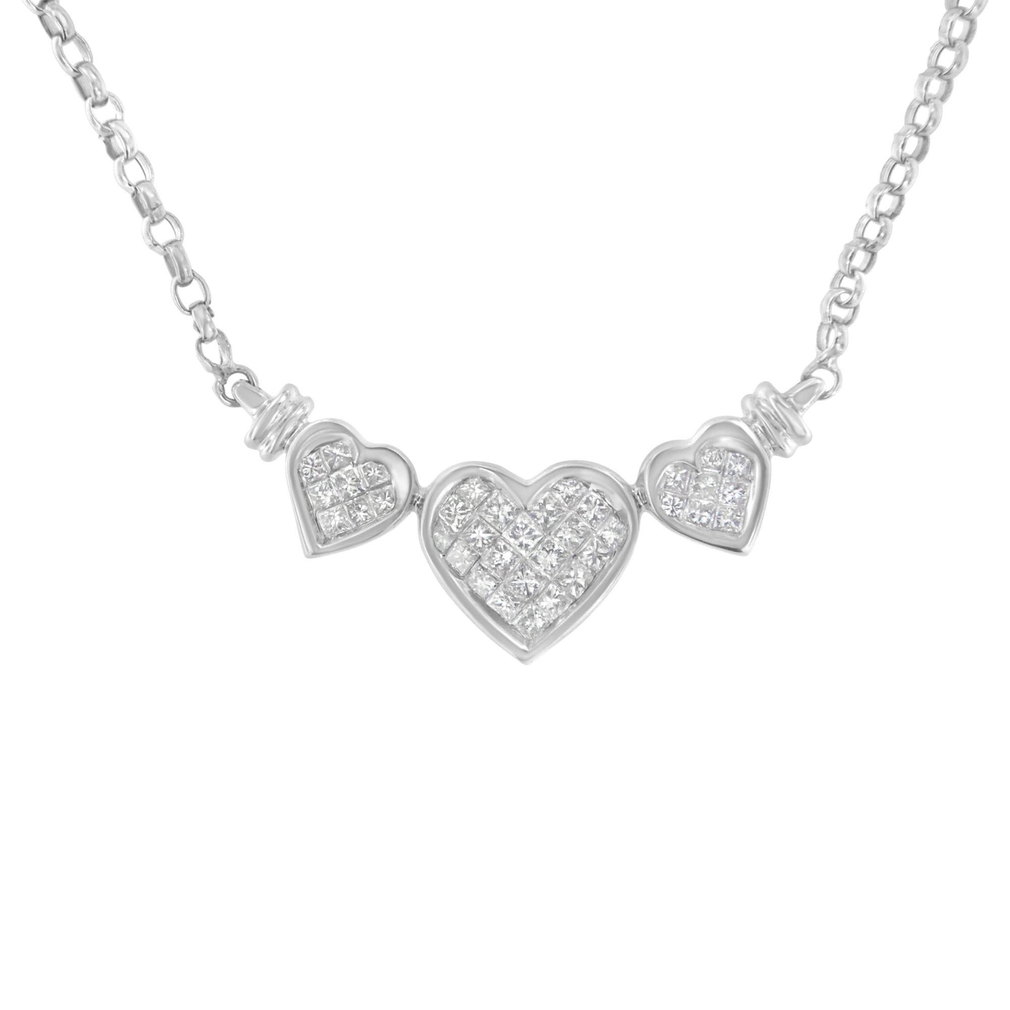 14K White Gold 1.0 Cttw Princess Cut Diamond Three Heart 18" Statement Pendant Necklace (H-I Color, SI2-I1 Clarity) - Friggin Jewelry Premium