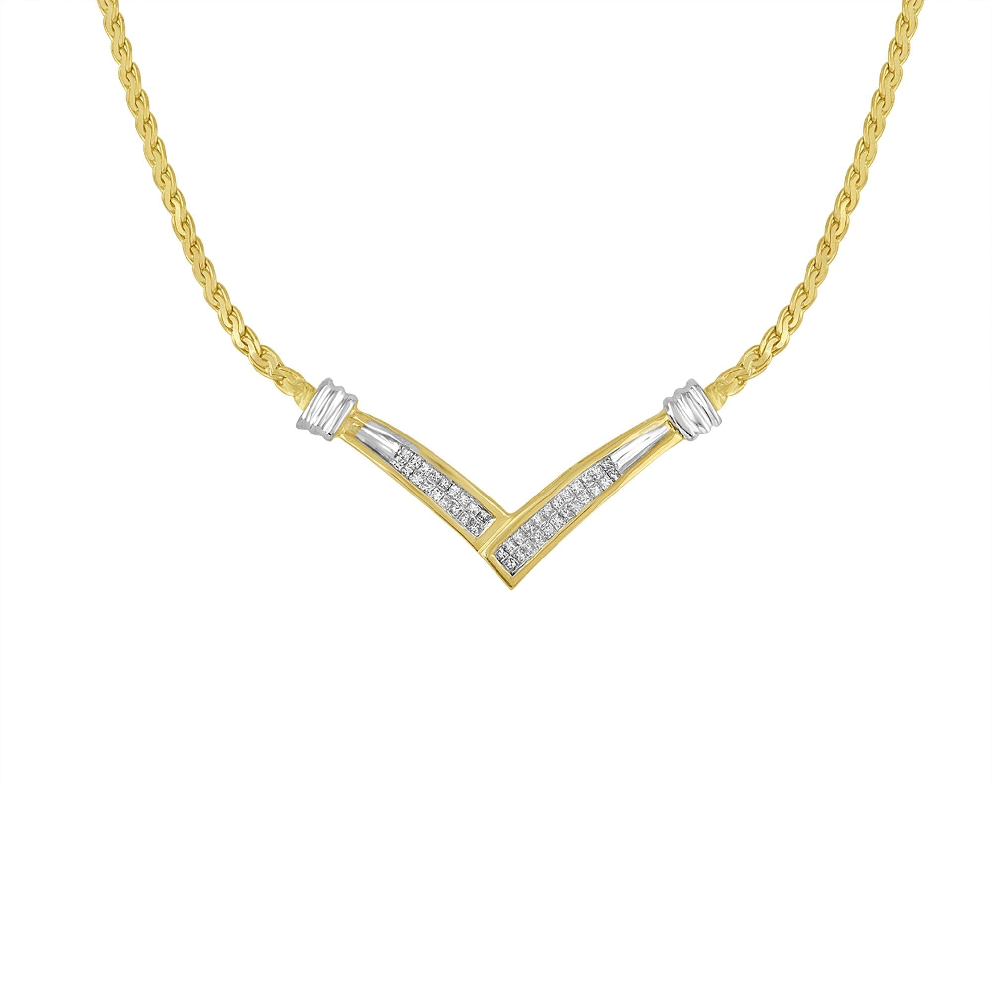 10K Yellow and White Gold 1/2 Cttw Princess Cut Diamond Channel-Set “V” Shape 18" Franco Chain Necklace (H-I Color, SI2-I1 Clarity) - Friggin Jewelry Premium