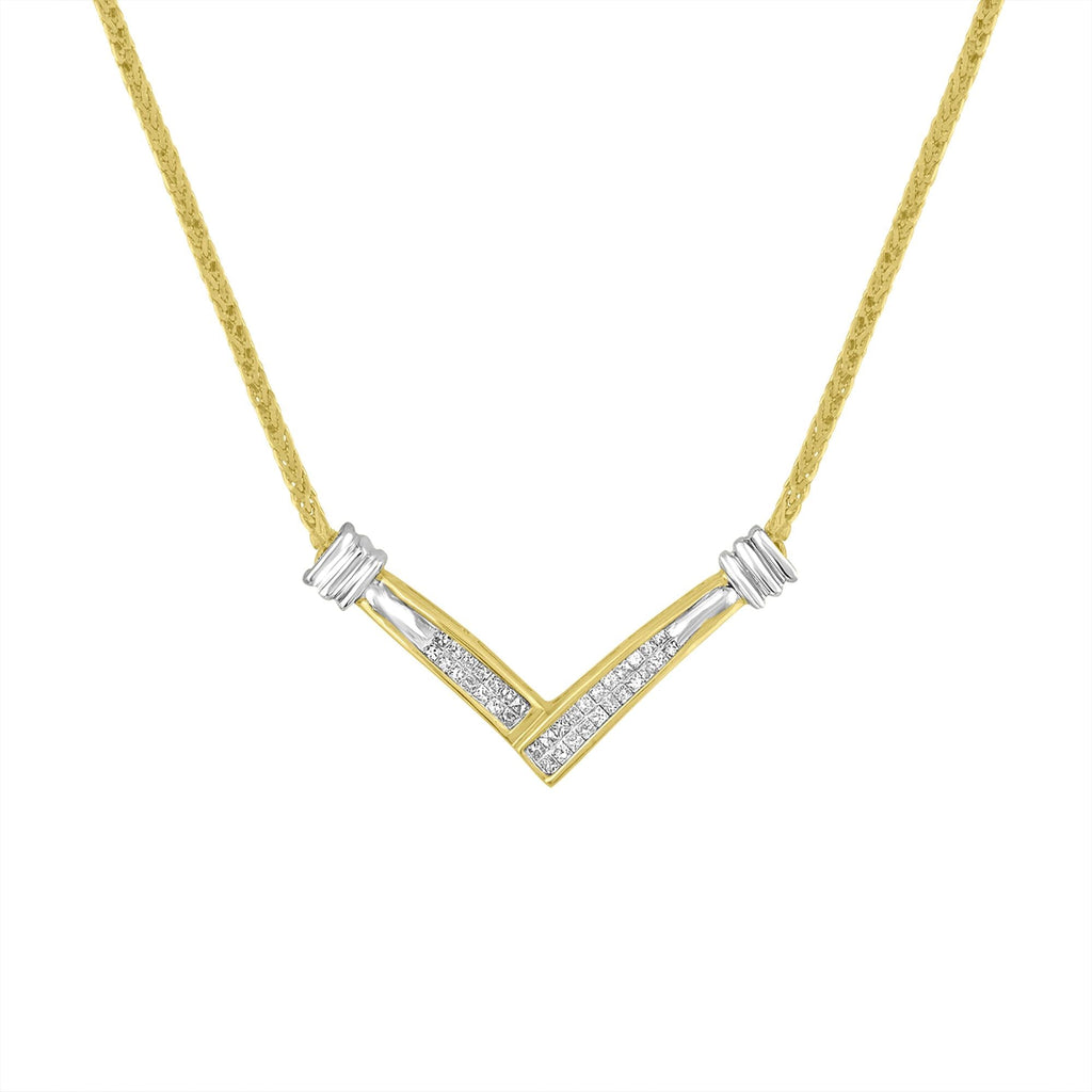 14K Yellow and White Gold 1/4 Cttw Princess Cut Diamond Channel-Set “V” Shape 18" Pendant Necklace (H-I Color, SI2-I1 Clarity) - Friggin Jewelry Premium