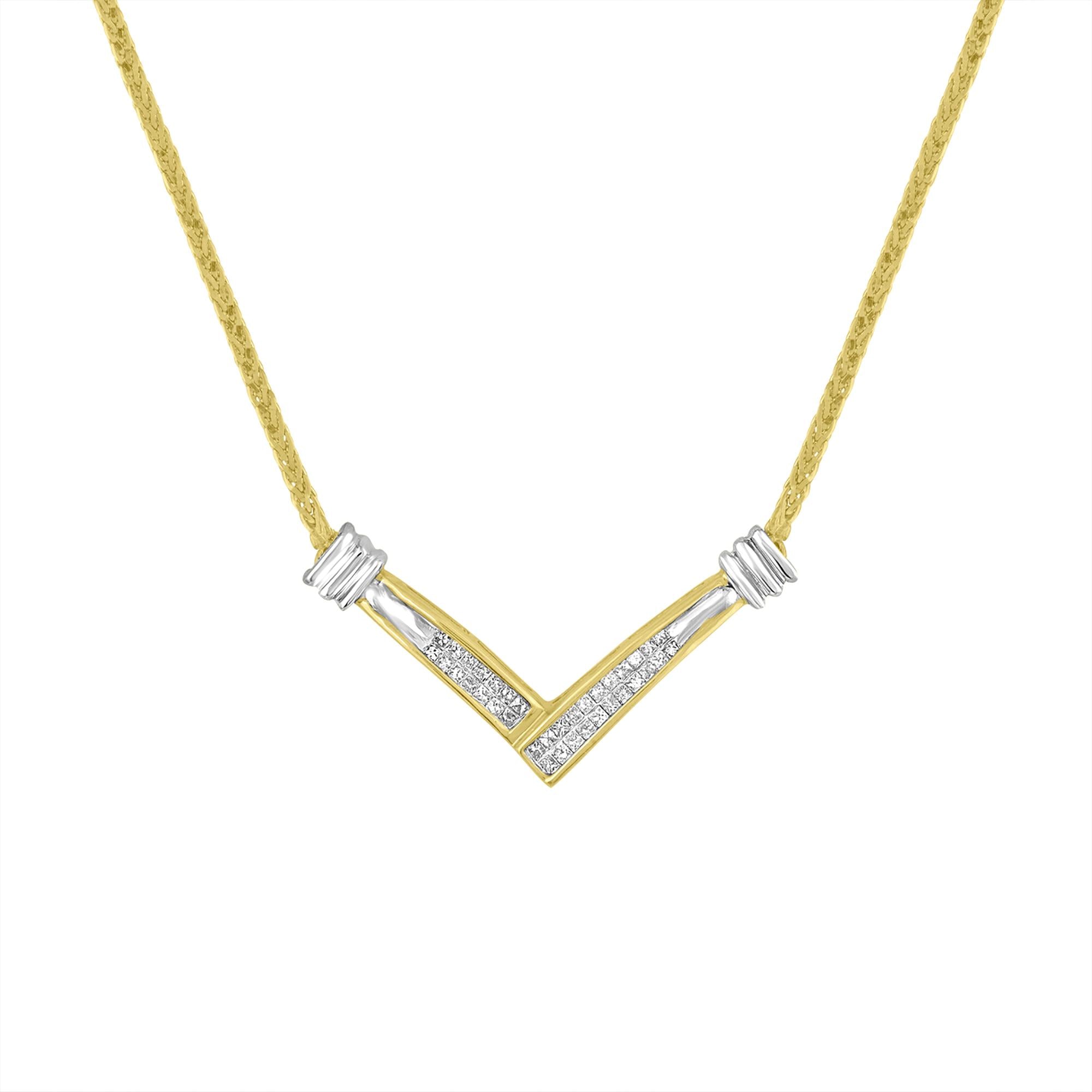 14K Yellow and White Gold 1/4 Cttw Princess Cut Diamond Channel-Set “V” Shape 18" Pendant Necklace (H-I Color, SI2-I1 Clarity) - Friggin Jewelry Premium