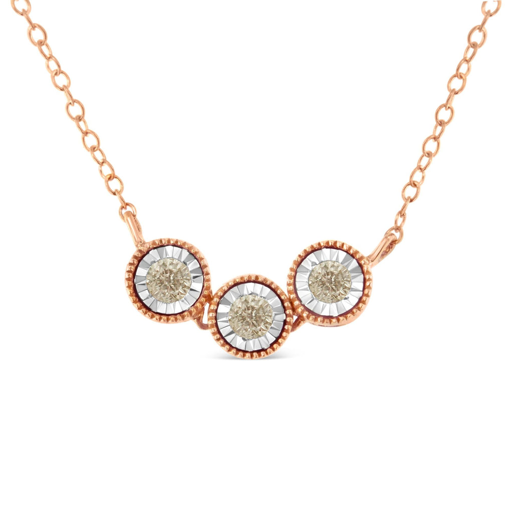 10K Rose and White Gold Plated .925 Sterling Silver 1/4 Cttw Miracle-Set Champagne Diamond Triple Circle 18" Necklace (I2-I3 Clarity) - Friggin Jewelry