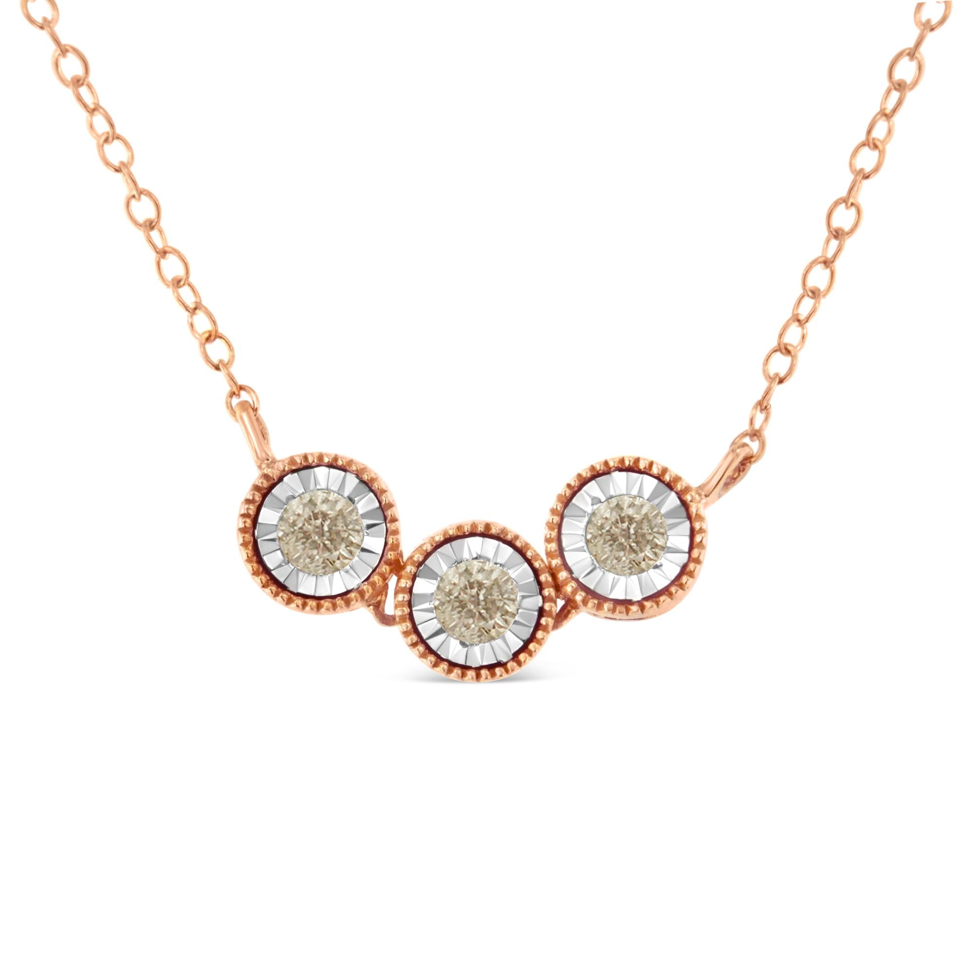 10K Rose and White Gold Plated .925 Sterling Silver 1/4 Cttw Miracle-Set Champagne Diamond Triple Circle 18" Necklace (I2-I3 Clarity) - Friggin Jewelry