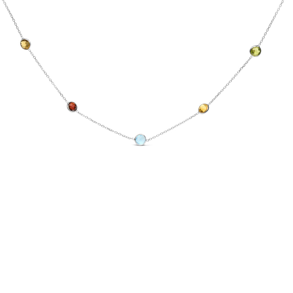 14K White Gold Bezel Set Mixed Gemstone 7 Station Adjustable 18"-24" Necklace - Friggin Jewelry