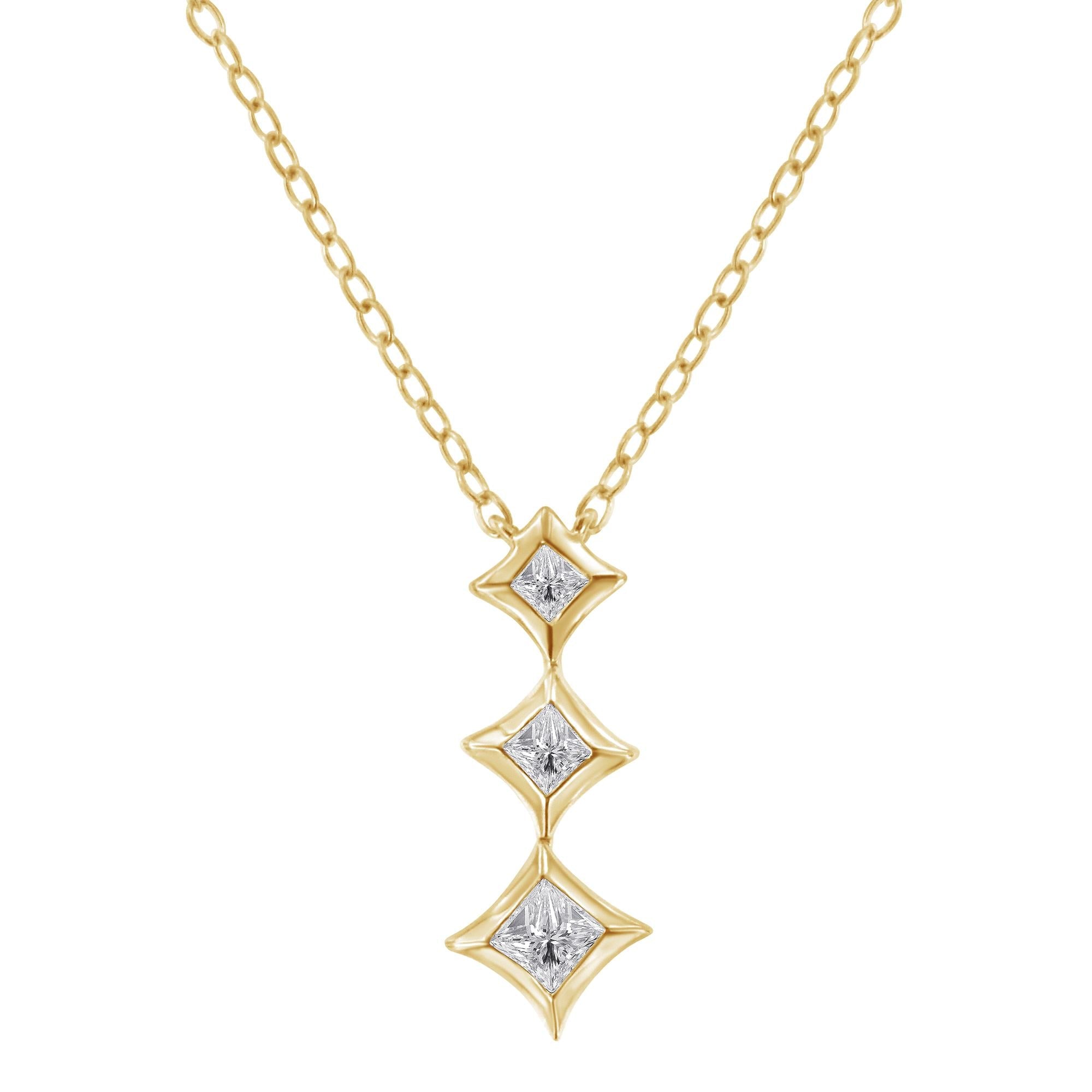 10K Gold 1/5 Cttw Princess Cut Diamond 3 Stone Drop 18" Pendant Necklace (H-I Color, SI2-I1 Clarity) - Friggin Jewelry