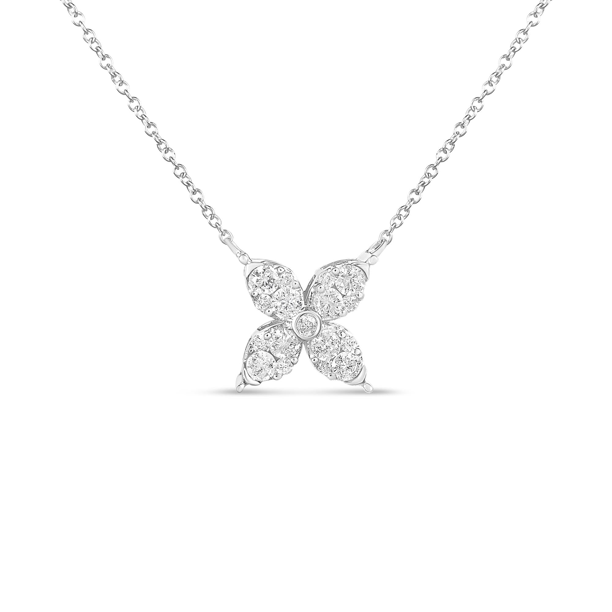 Collar con colgante ajustable de trébol de cuatro hojas en forma de marquesa con diamantes redondos brillantes de 1/2 quilates en oro blanco de 10 quilates (40,6-45,7 cm) (color IJ, claridad I1-I2) - Friggin Jewelry