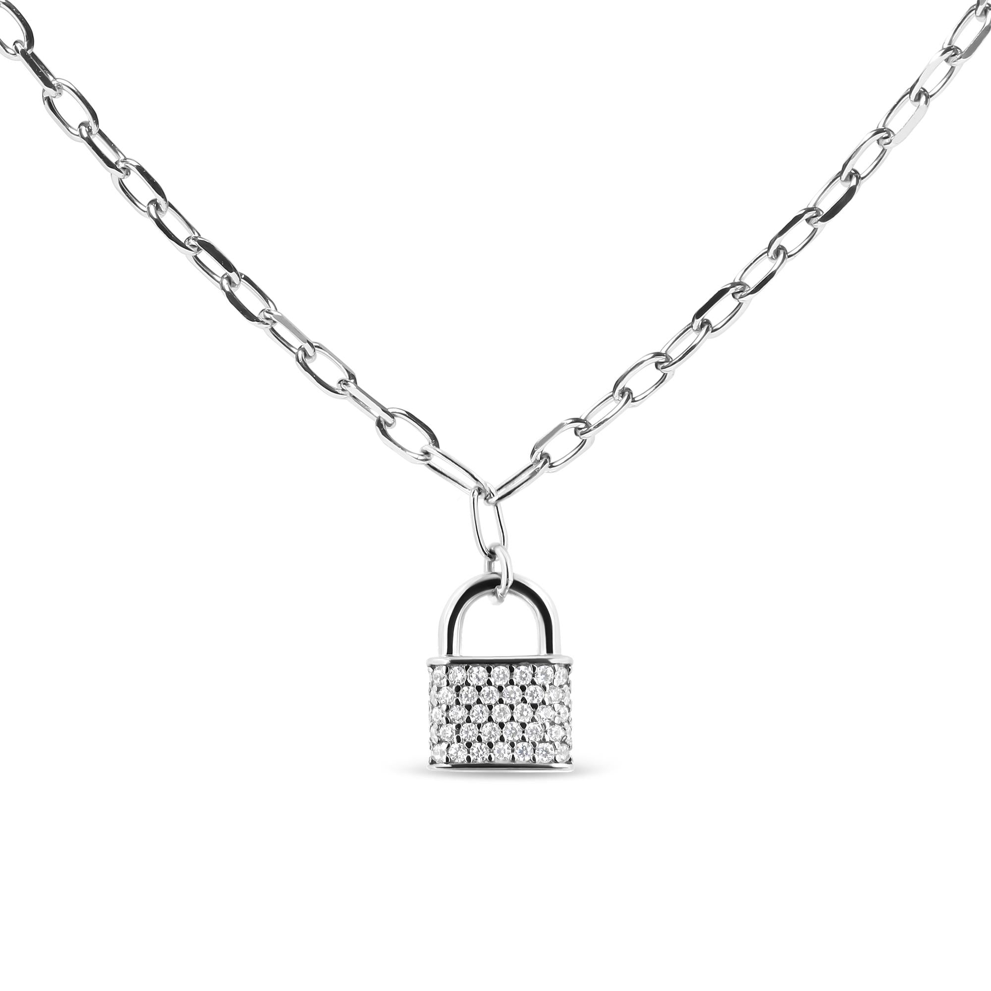 .925 Sterling Silver 1/4 Cttw Diamond Lock Pendant Necklace with Paperclip Chain (H-I Color, SI2-I1 Clarity) - Friggin Jewelry
