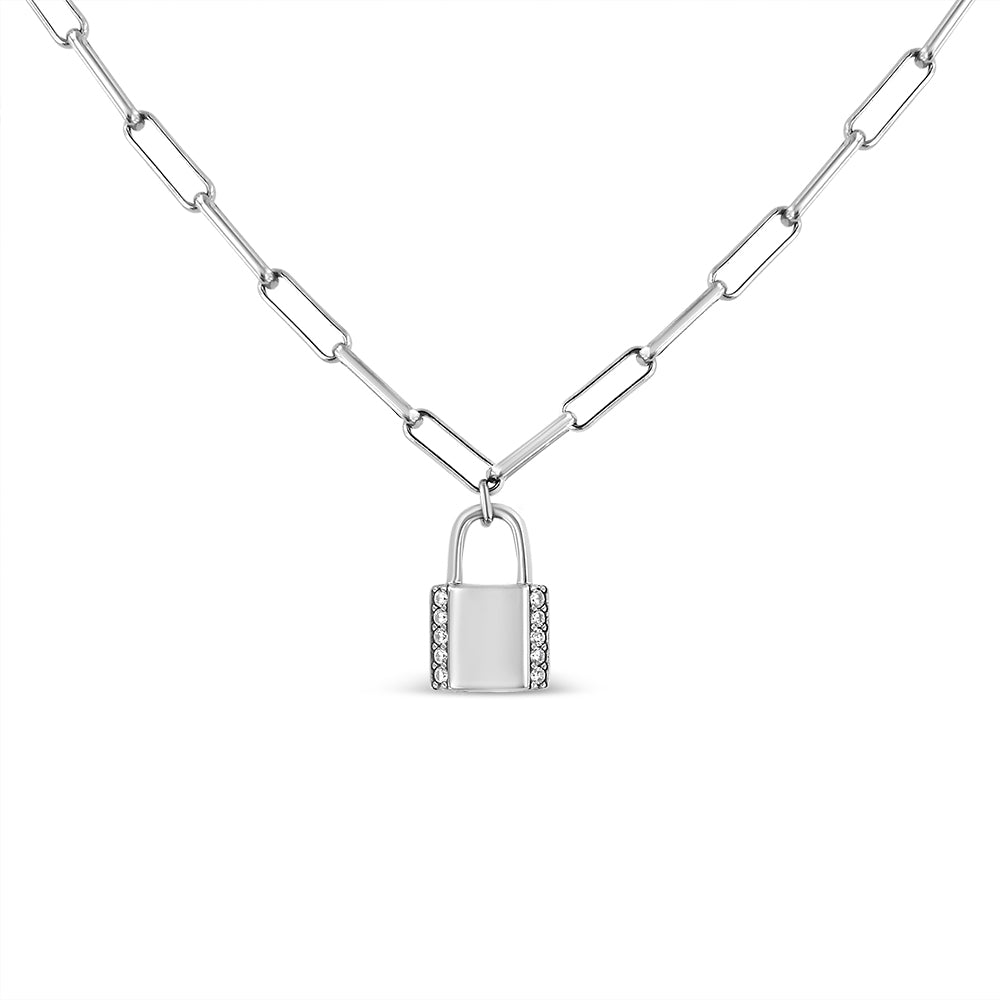 .925 Sterling Silver 1/10 Cttw Round Diamond Lock Pendant Paperclip Chin Necklace (H-I Color, SI1-SI2 Clarity) - Friggin Jewelry