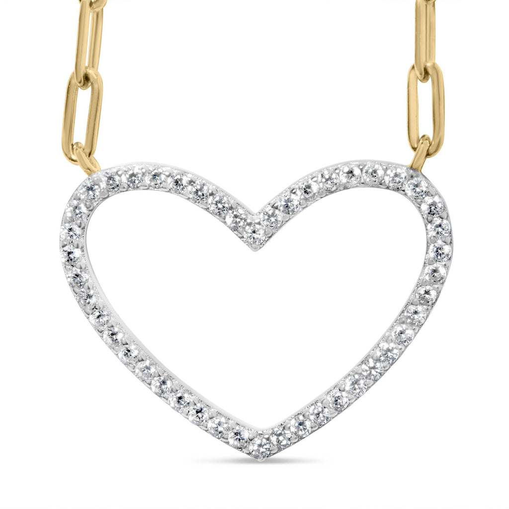 14K Yellow Gold Plated .925 Sterling Silver 1/4 Cttw Diamond Open Heart with Paperclip Chain Pendant Necklace (I-J Color, I2-I3 Clarity) - 18" Inches - Friggin Jewelry
