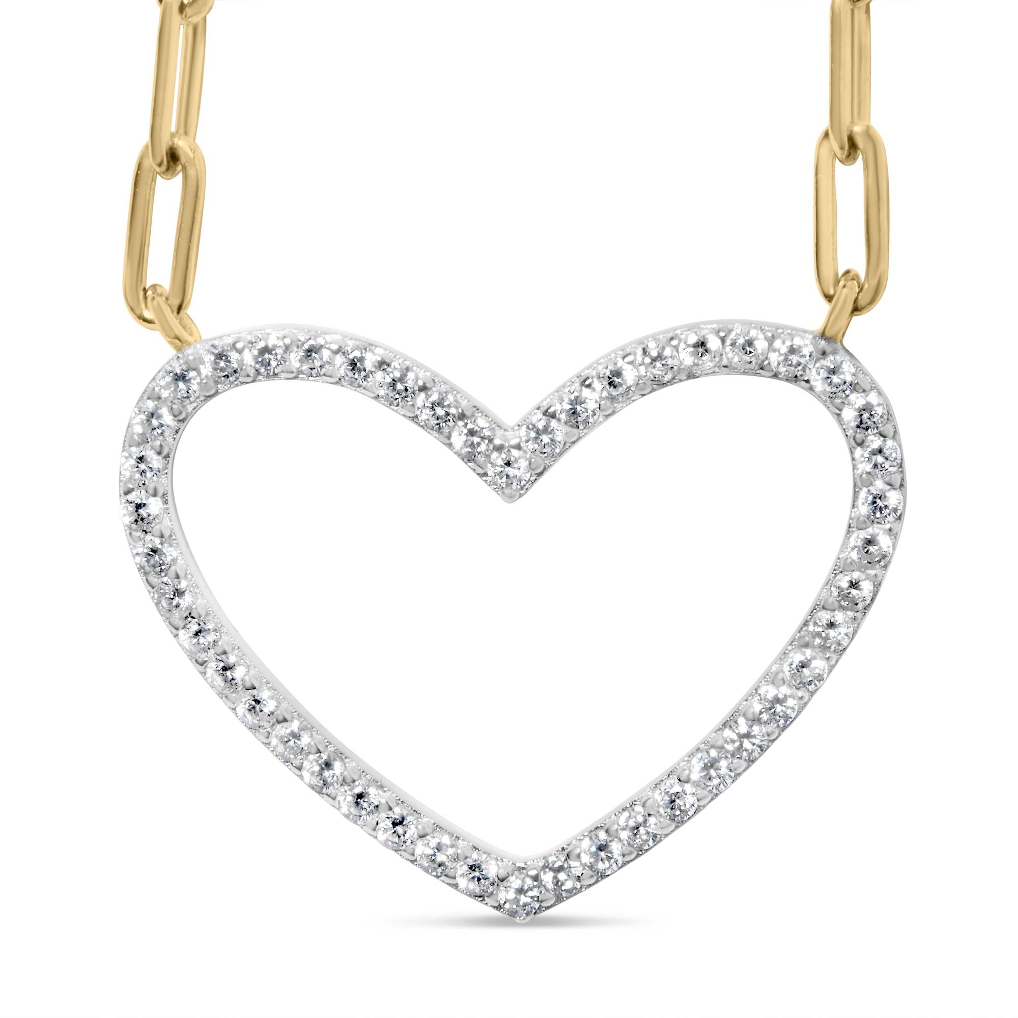14K Yellow Gold Plated .925 Sterling Silver 1/4 Cttw Diamond Open Heart with Paperclip Chain Pendant Necklace (I-J Color, I2-I3 Clarity) - 18" Inches - Friggin Jewelry