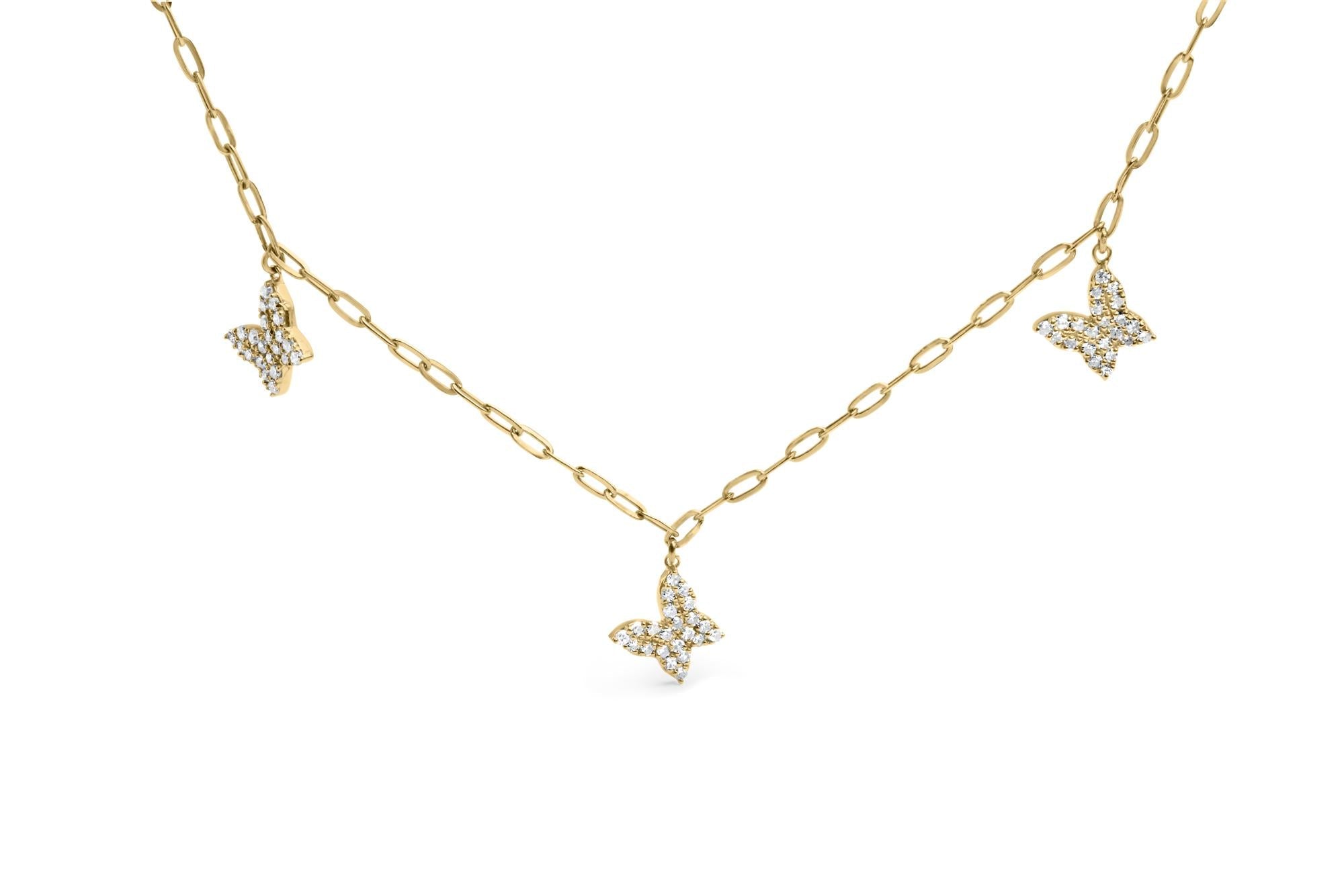 14KT Yellow Gold 1/2 Cttw Diamond Butterfly Station Paperclip Station Necklace (I-J Color, I1-I2 Clarity) - Adjustable 15"-17" Inches - Friggin Jewelry