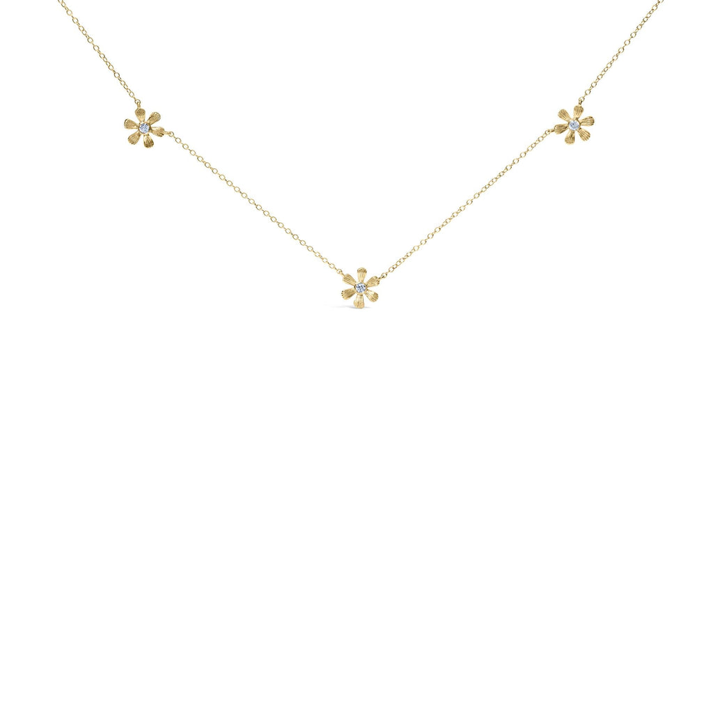 10K Yellow Gold 1/8 Cttw Diamond Floral Station Chain Necklace (I-J Color, I1-I2 Clarity) - Friggin Jewelry