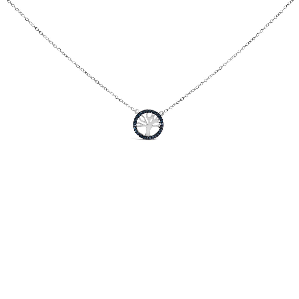 .925 Sterling Silver 1/6 Cttw Blue Diamond Tree of Life and Circle 18" Pendant Necklace (Blue Color, SI1-SI2 Clarity) - Friggin Jewelry