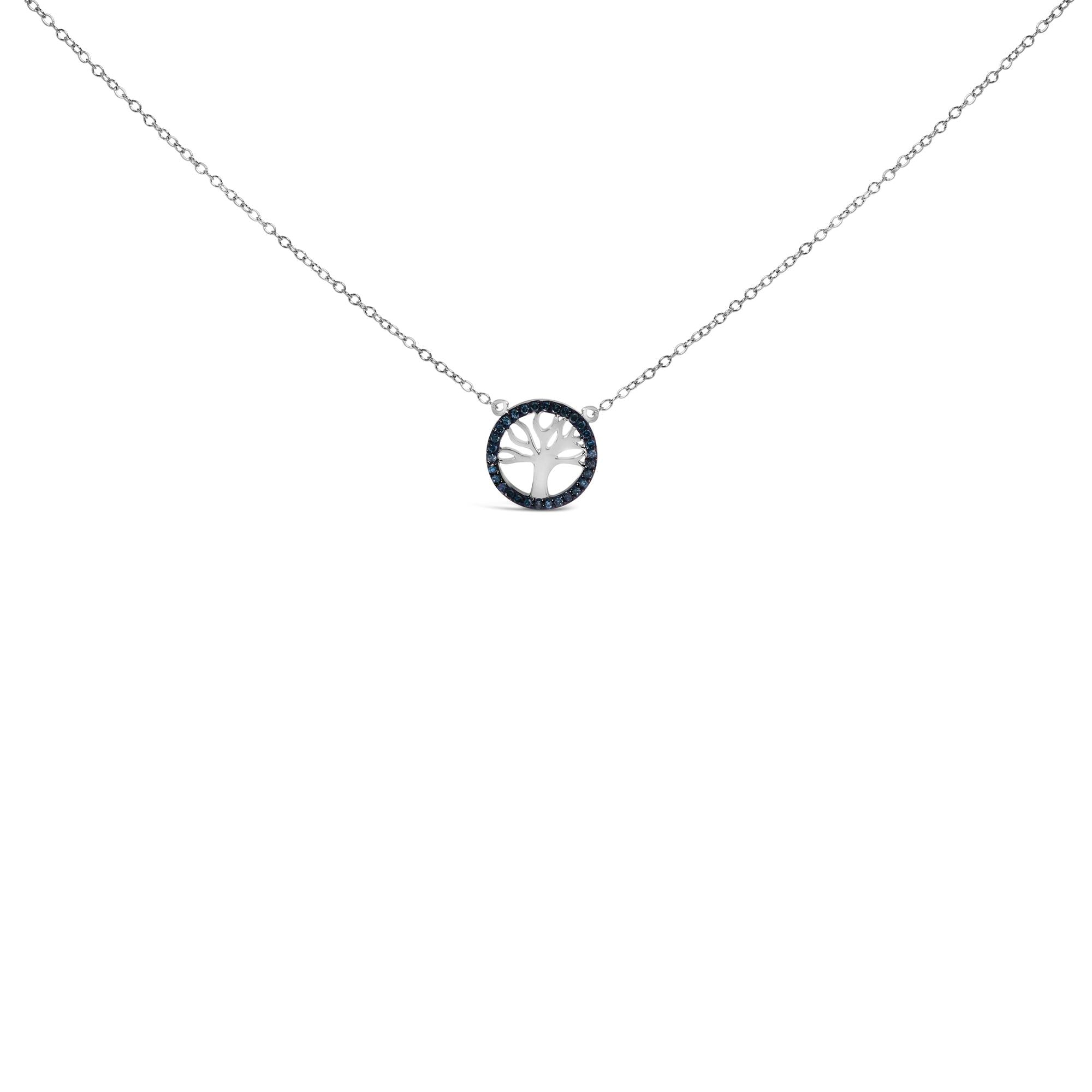 .925 Sterling Silver 1/6 Cttw Blue Diamond Tree of Life and Circle 18" Pendant Necklace (Blue Color, SI1-SI2 Clarity) - Friggin Jewelry