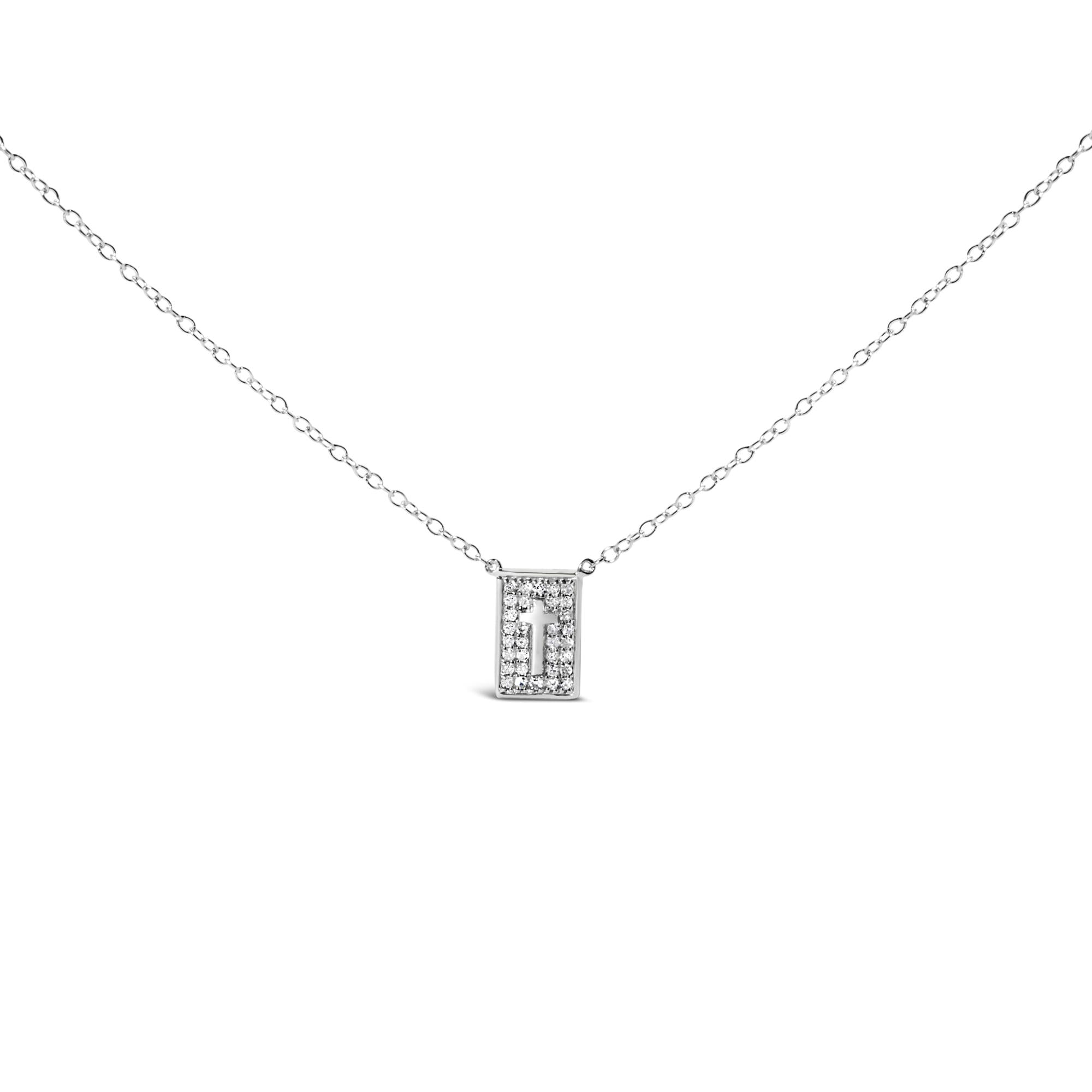 .925 Sterling Silver 1/10 Ctw Diamond Inlaid Cross Dog Tag Pendant Necklace (H-I Color, I1-I2 Clarity) - 18" - Friggin Jewelry