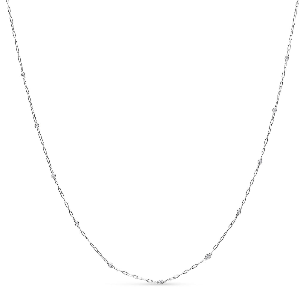 14K White Gold 1/2 Cttw Diamond Bezel Station Paperclip Chain Necklace (H-I Color, SI1-SI2 Clarity) - 18" - Friggin Jewelry