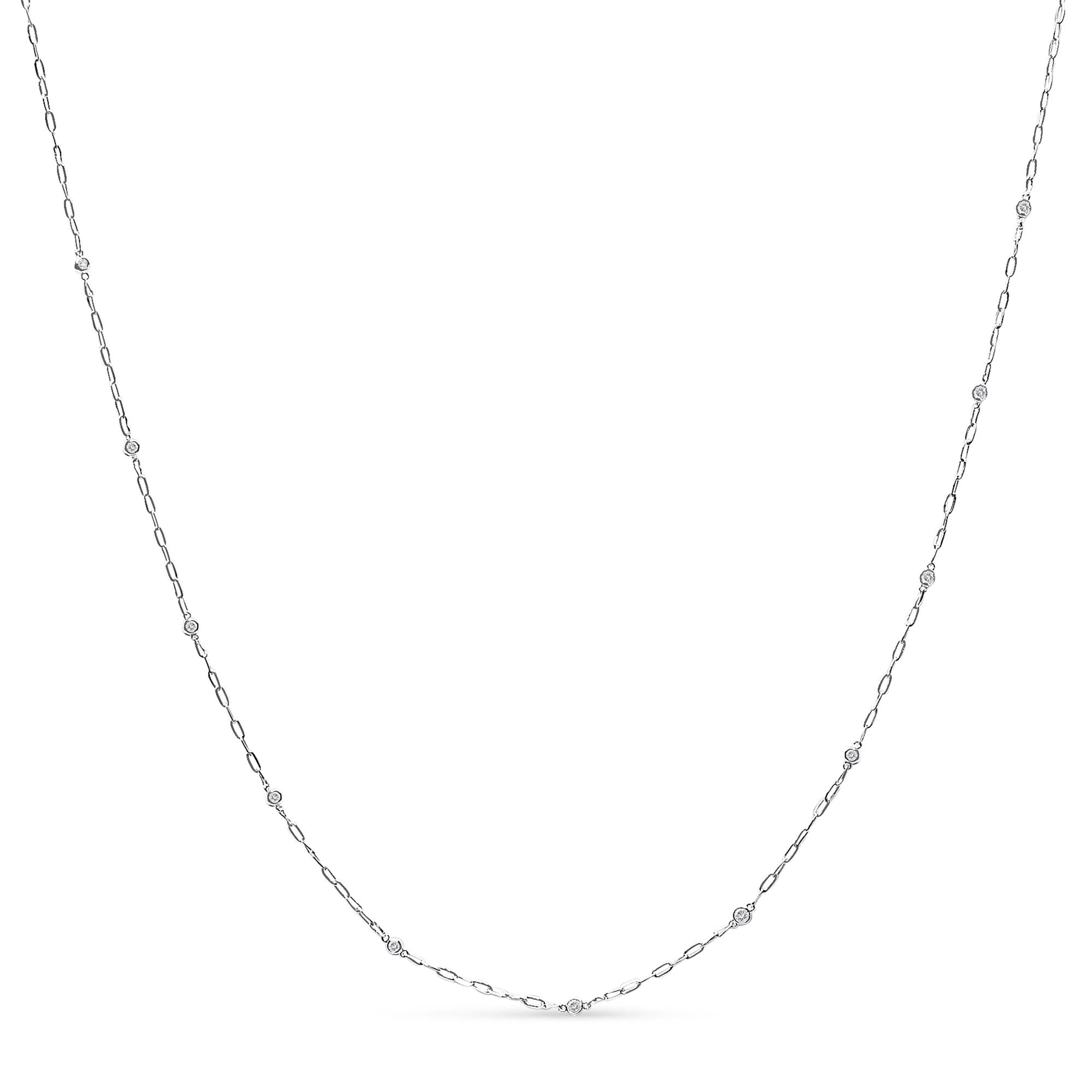 14K White Gold 1/2 Cttw Diamond Bezel Station Paperclip Chain Necklace (H-I Color, SI1-SI2 Clarity) - 18" - Friggin Jewelry