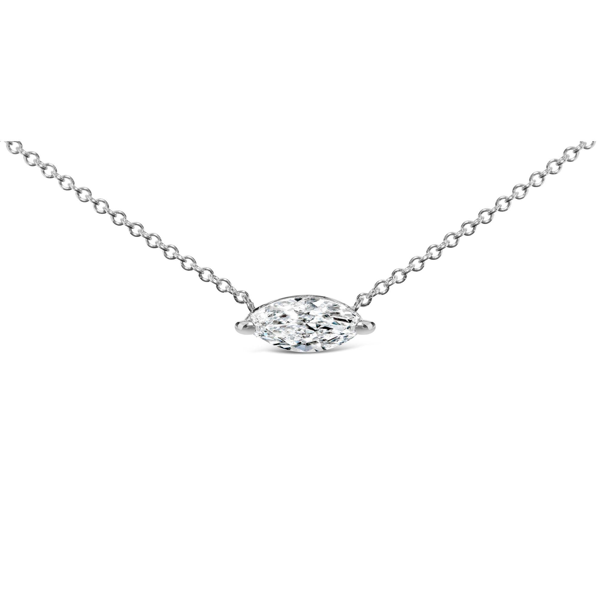 Collar con colgante solitario Este-Oeste de 18" en oro blanco de 14 quilates con diamante cultivado en laboratorio de 1/2 quilates y talla marquesa (color FG, claridad VS2-SI1) - Friggin Jewelry
