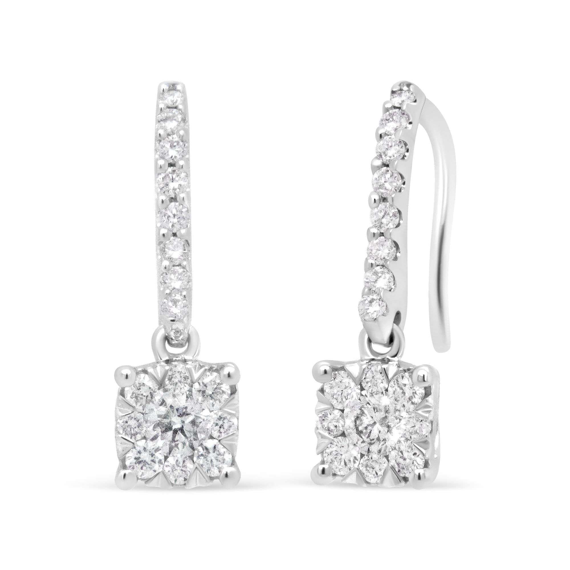 14K White 1/2 Cttw Round Diamond Halo Dangle Hook Earring - (H-I Color, SI2-I1 Clarity) - Friggin Jewelry