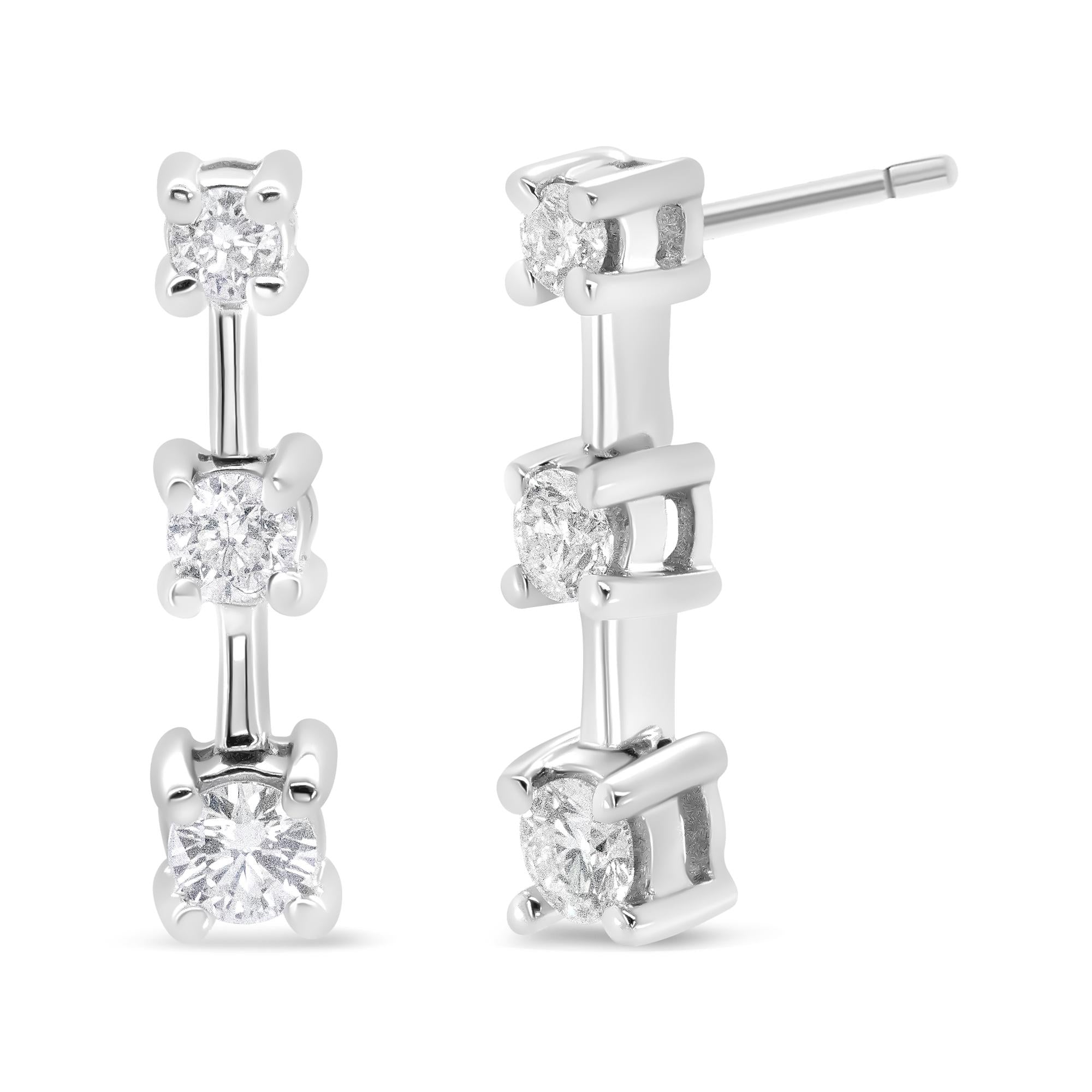 14K Gold Round Diamond 3 Stone Graduated Linear Drop Past, Present and Future Stud Earrings (H-I Color, SI1-SI2 Clarity) - Friggin Jewelry