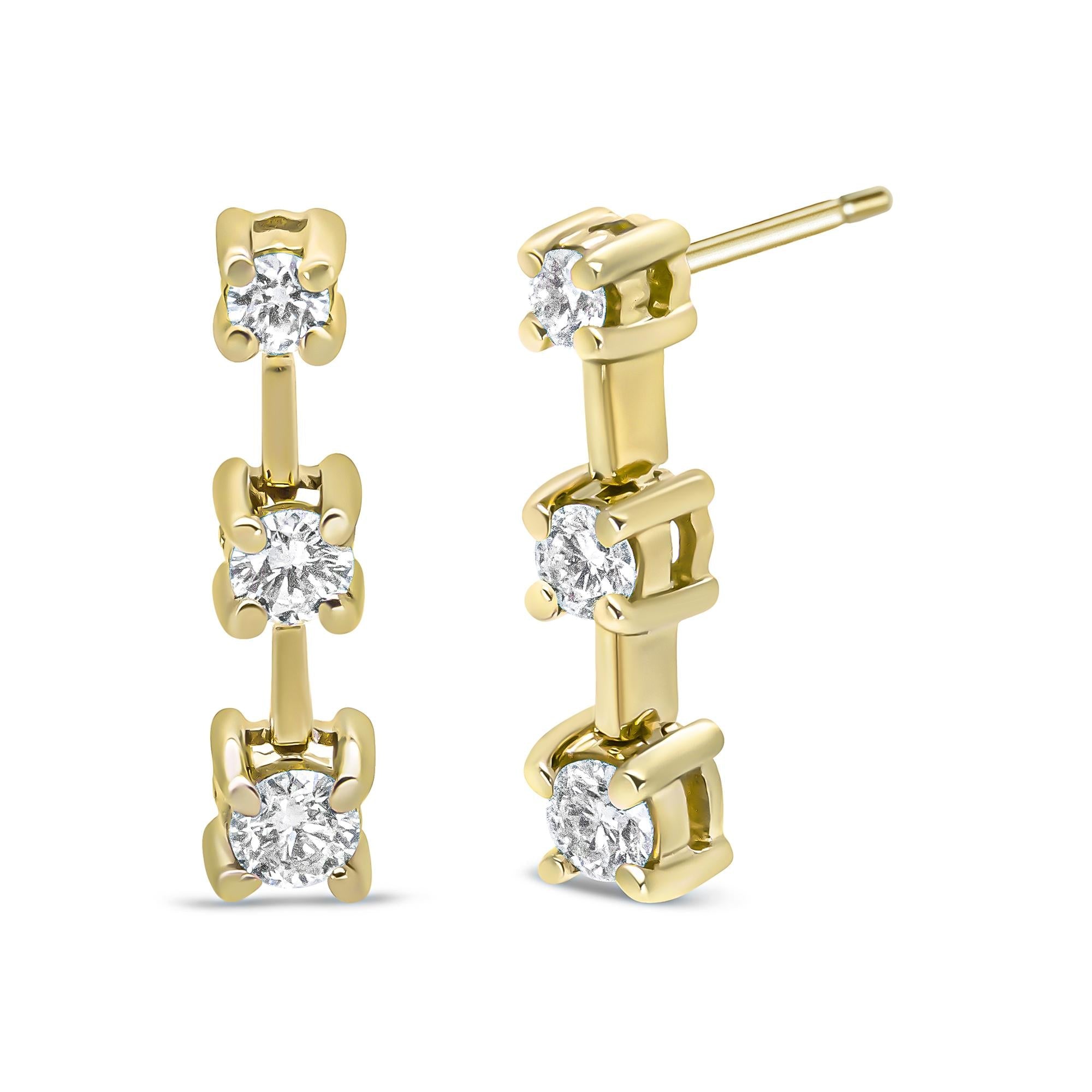 14K Gold Round Diamond 3 Stone Graduated Linear Drop Past, Present and Future Stud Earrings (H-I Color, SI1-SI2 Clarity) - Friggin Jewelry