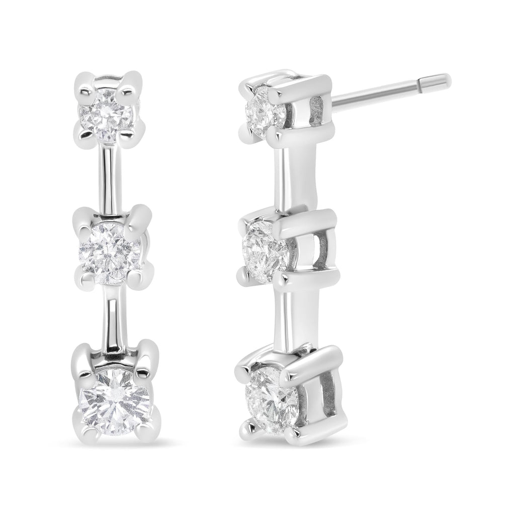 14K Gold Round Diamond 3 Stone Graduated Linear Drop Past, Present and Future Stud Earrings (H-I Color, SI1-SI2 Clarity) - Friggin Jewelry