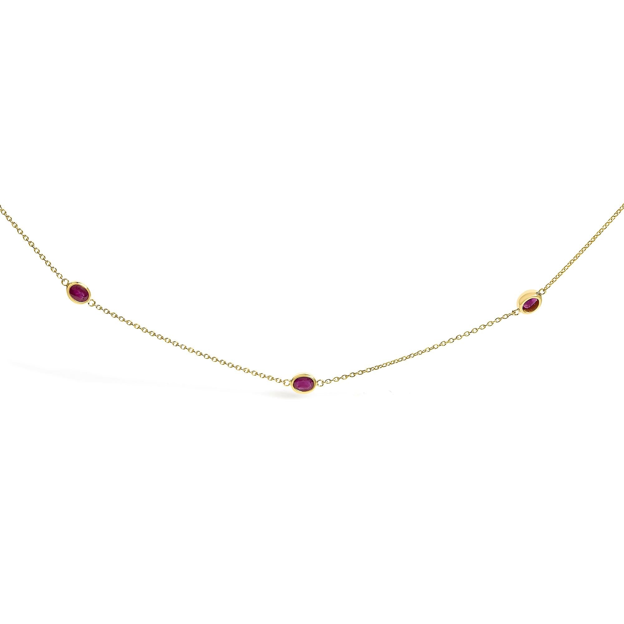 14K Yellow Gold Bezel Set 4x3 mm Oval Red Ruby Station Necklace - 18 Inches - Friggin Jewelry Premium