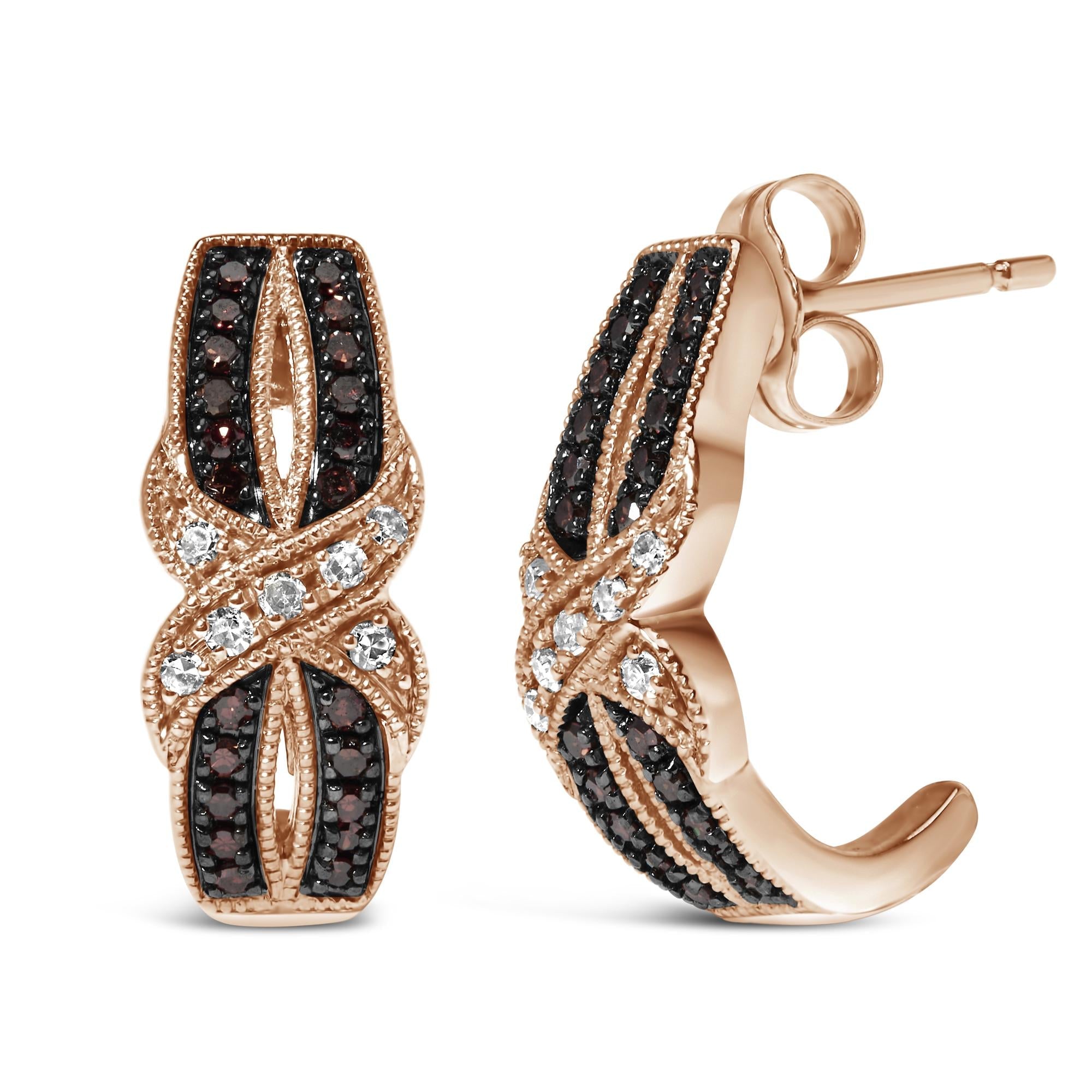 Orecchini a cerchio incrociati a J in oro rosa 10 carati con diamanti bianchi e marroni da 1/3 carati (colore IJ, purezza I1-I2) - Friggin Jewelry