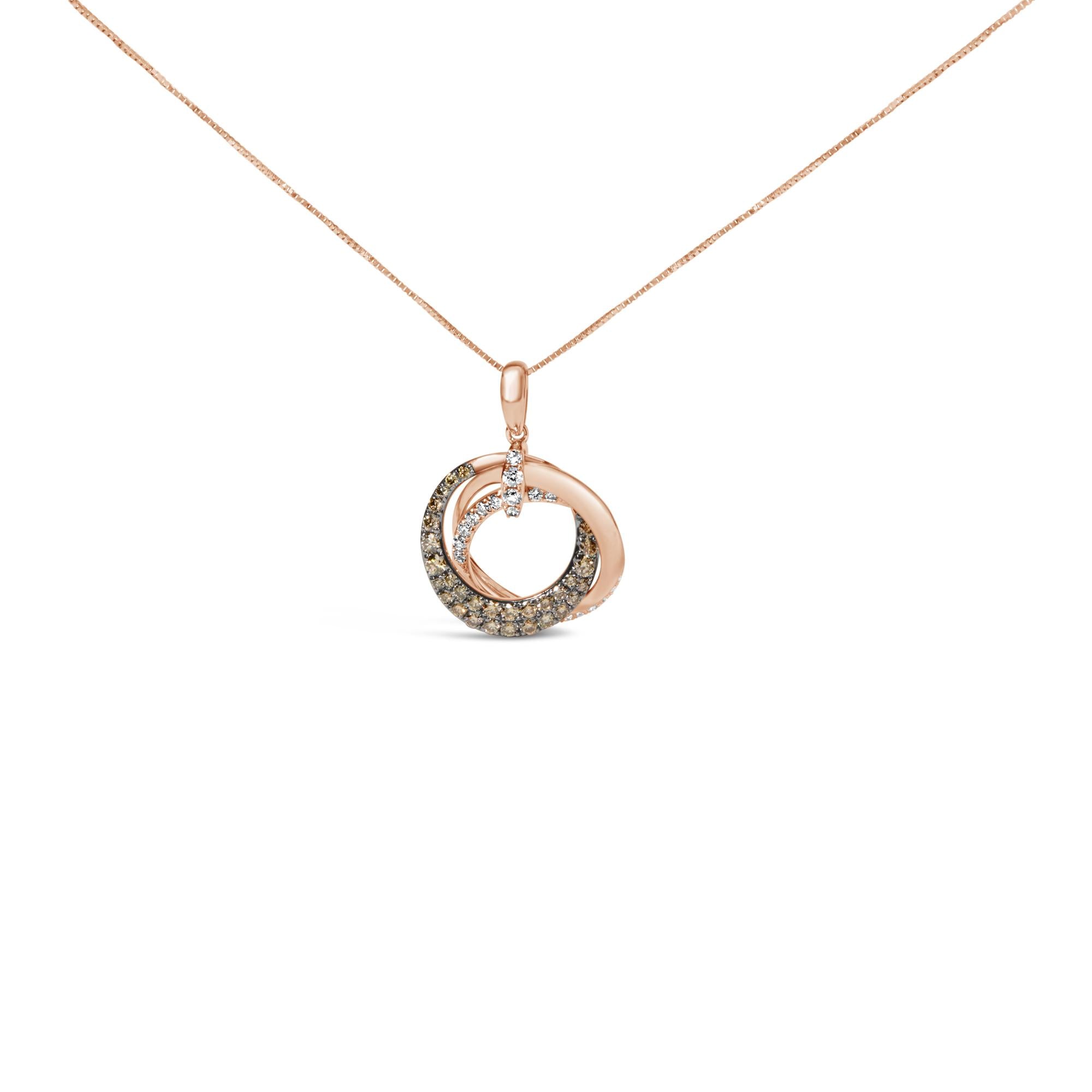 Collana con pendente a cerchio intrecciato in oro rosa 14 carati da 3/4 ct con diamanti marroni e bianchi, lunghezza 18 pollici (colore GH, purezza SI2-I1) - Friggin Jewelry