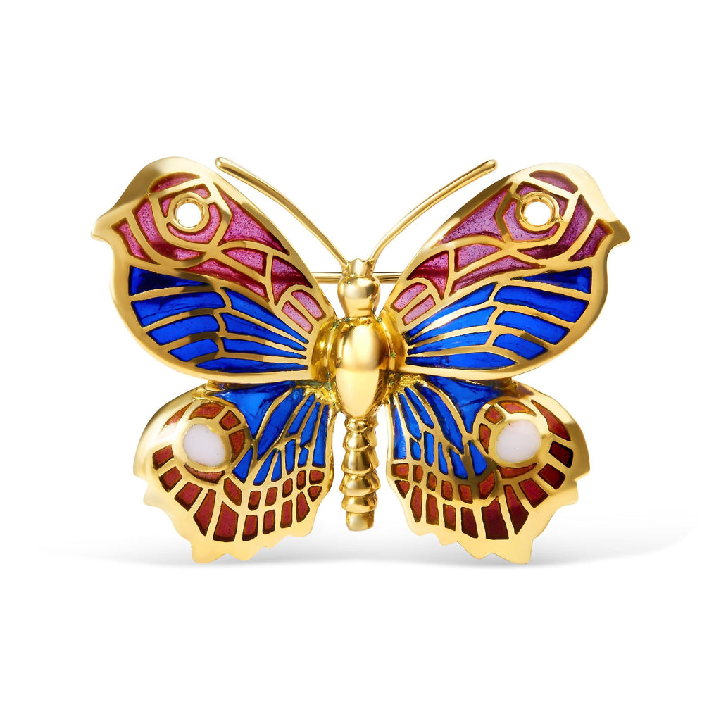 18K Yellow Gold Red, Blue, and White Enameled Butterfly Brooch Pin - Friggin Jewelry