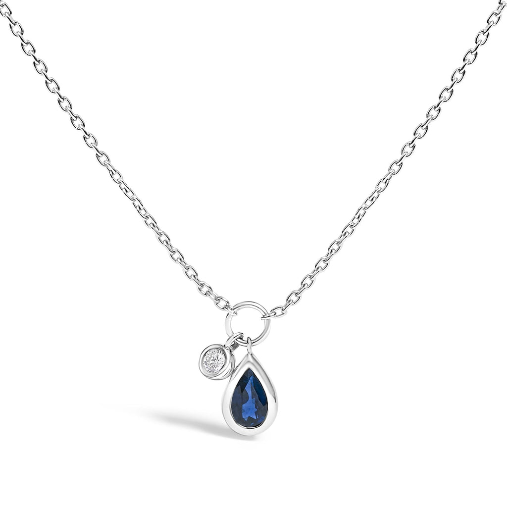 10K White Gold 6x4 mm Pear Blue Sapphire and Diamond  Accent Charm Pendant Necklace - 18" Inches - Friggin Jewelry
