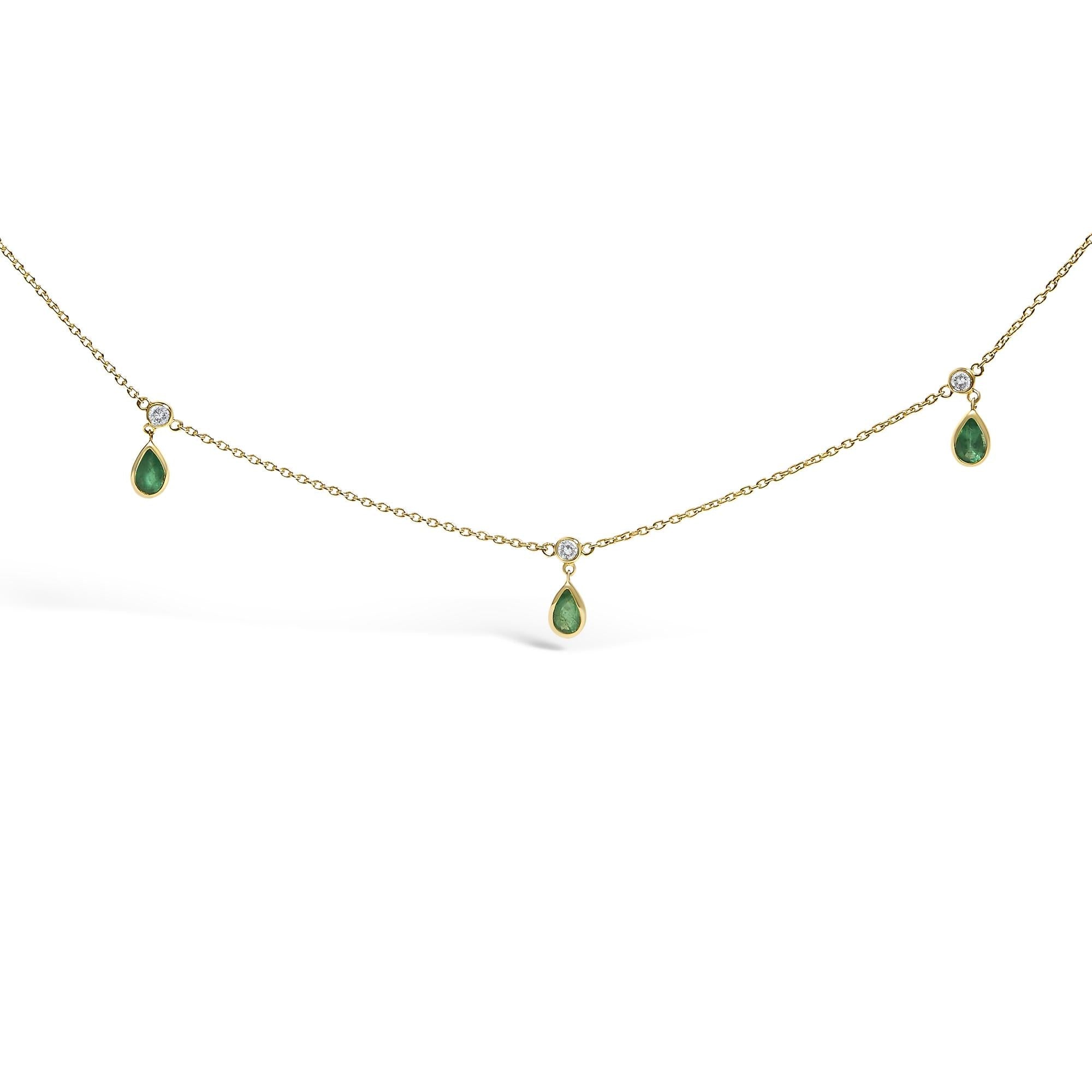 10K Yellow Gold Dangling 5x3 mm Green Emerald and Diamond Station Necklace - 18" Inches - Friggin Jewelry