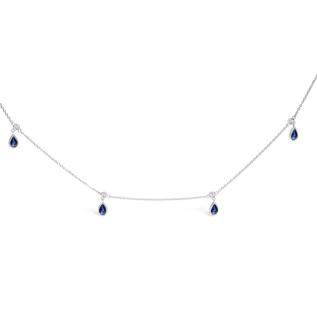 10K White Gold Dangling 5x3 mm Pear Blue Sapphire and Diamond Station Necklace - 18" Inches - Friggin Jewelry