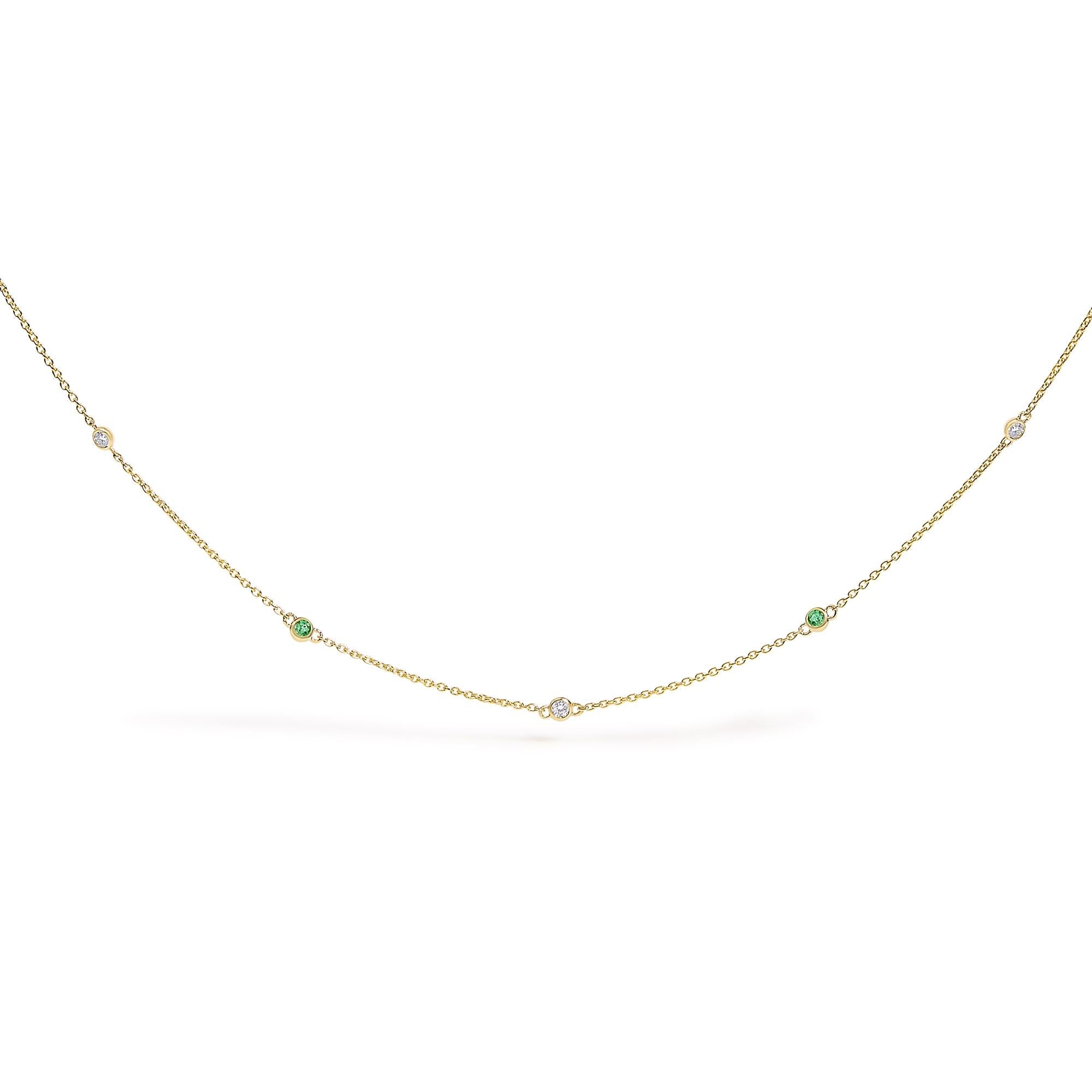14K Yellow Gold Bezel Set Alternating Green Emerald and Diamond Station Necklace - 18" Inches - Friggin Jewelry