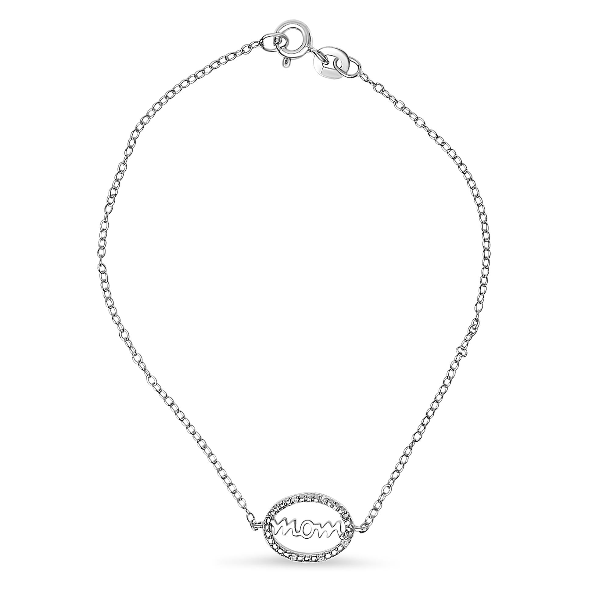 .925 Sterling Silver Diamond Accent MOM Charm Bracelet (J-K Color, I2-I3 Clarity) - 7" Inches - Friggin Jewelry