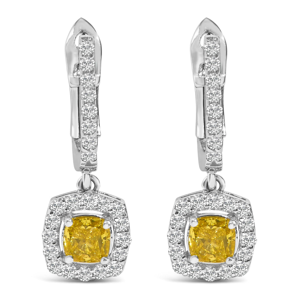 Pendientes colgantes con halo de diamantes amarillos cultivados en laboratorio de 1 1/5 ct en oro blanco de 14 quilates - Friggin Jewelry