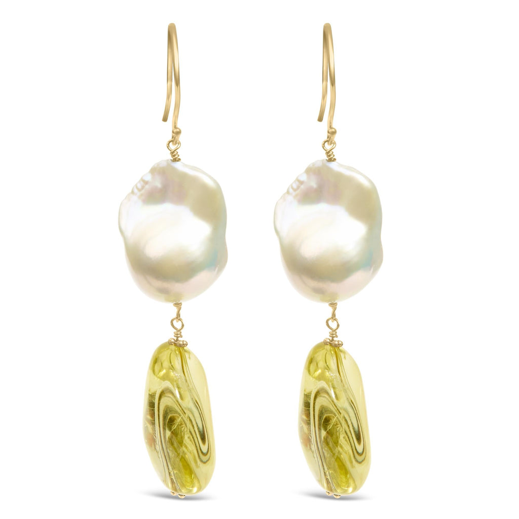 14K Yellow Gold Citrine and Baroque Pearl Drop and Dangle Earrings 1 3/4 Inch Dangle - Friggin Jewelry