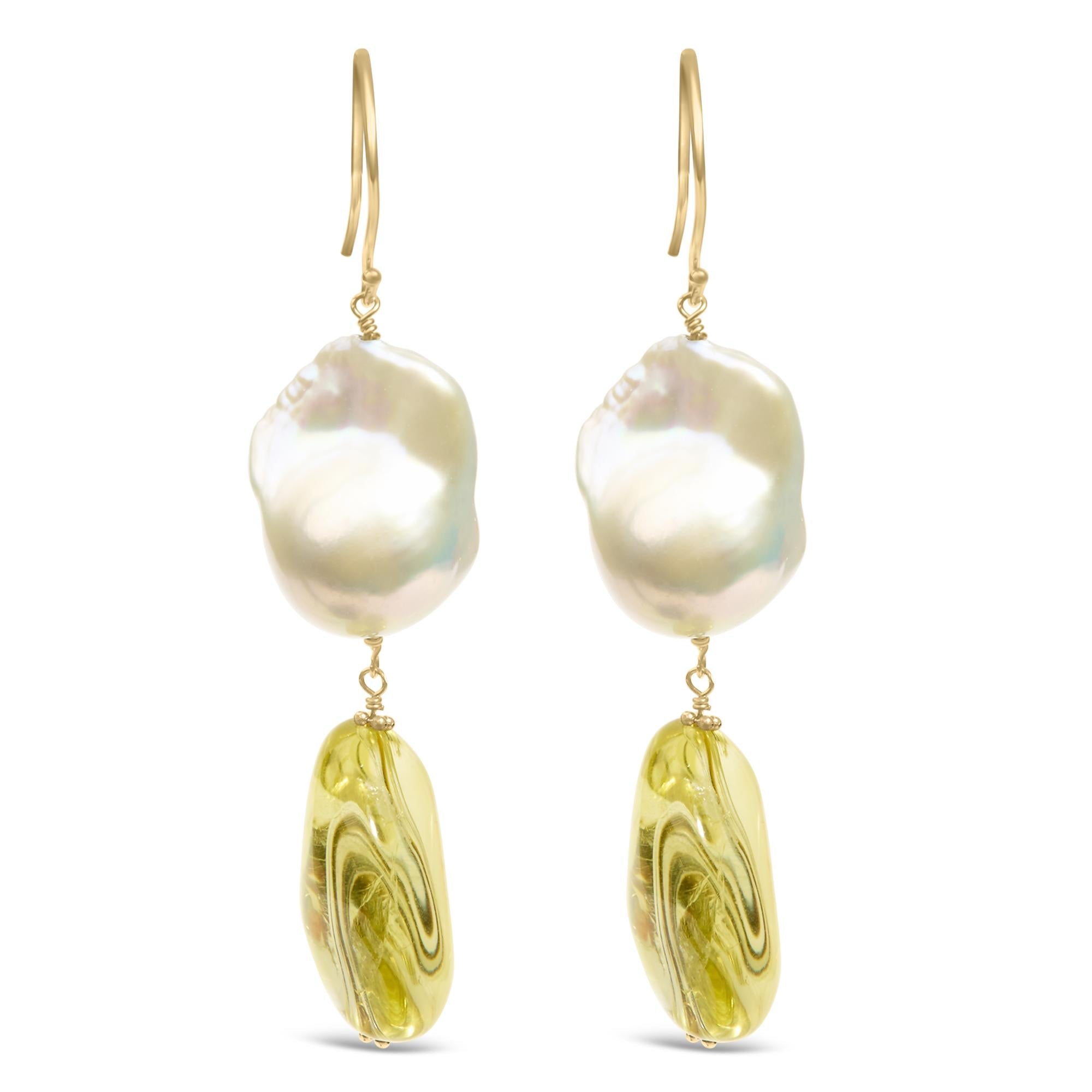 14K Yellow Gold Citrine and Baroque Pearl Drop and Dangle Earrings 1 3/4 Inch Dangle - Friggin Jewelry