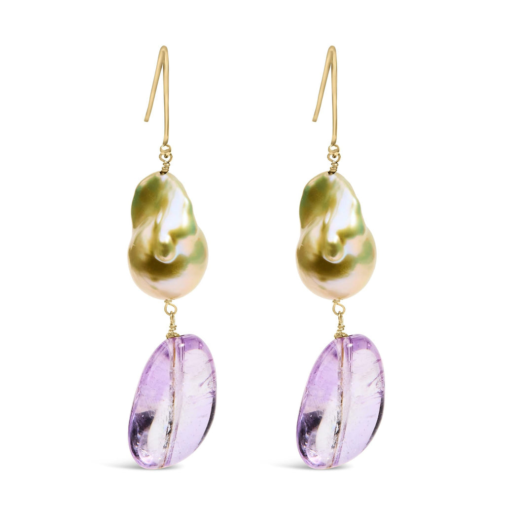 Pendientes colgantes de oro amarillo de 14 quilates con amatista y perla barroca (5 cm) - Friggin Jewelry