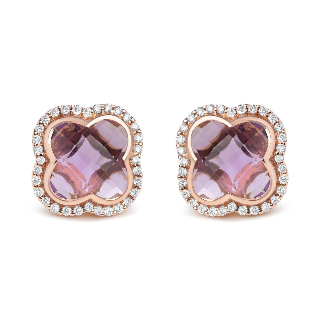 18K Rose Gold 3/8 Cttw Diamond and 11x11mm Clover-Cut Purple Amethyst Gemstone Clover Halo Stud Earrings (G-H Color, SI1-SI2 Clarity) - Friggin Jewelry