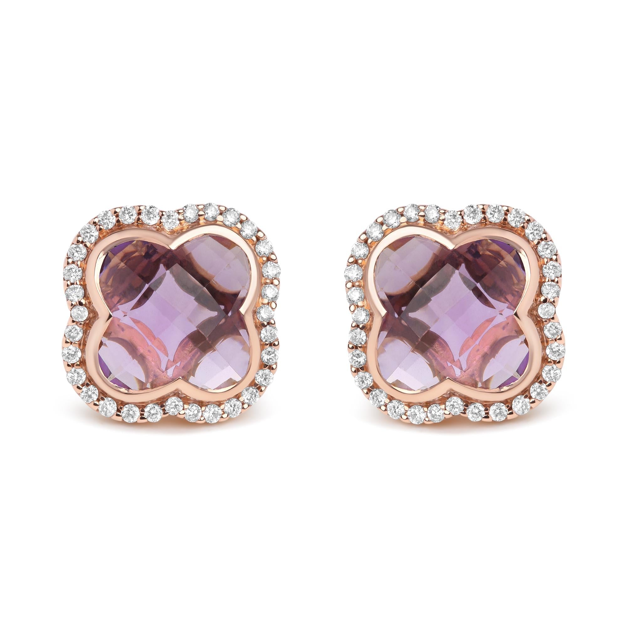 18K Rose Gold 3/8 Cttw Diamond and 11x11mm Clover-Cut Purple Amethyst Gemstone Clover Halo Stud Earrings (G-H Color, SI1-SI2 Clarity) - Friggin Jewelry