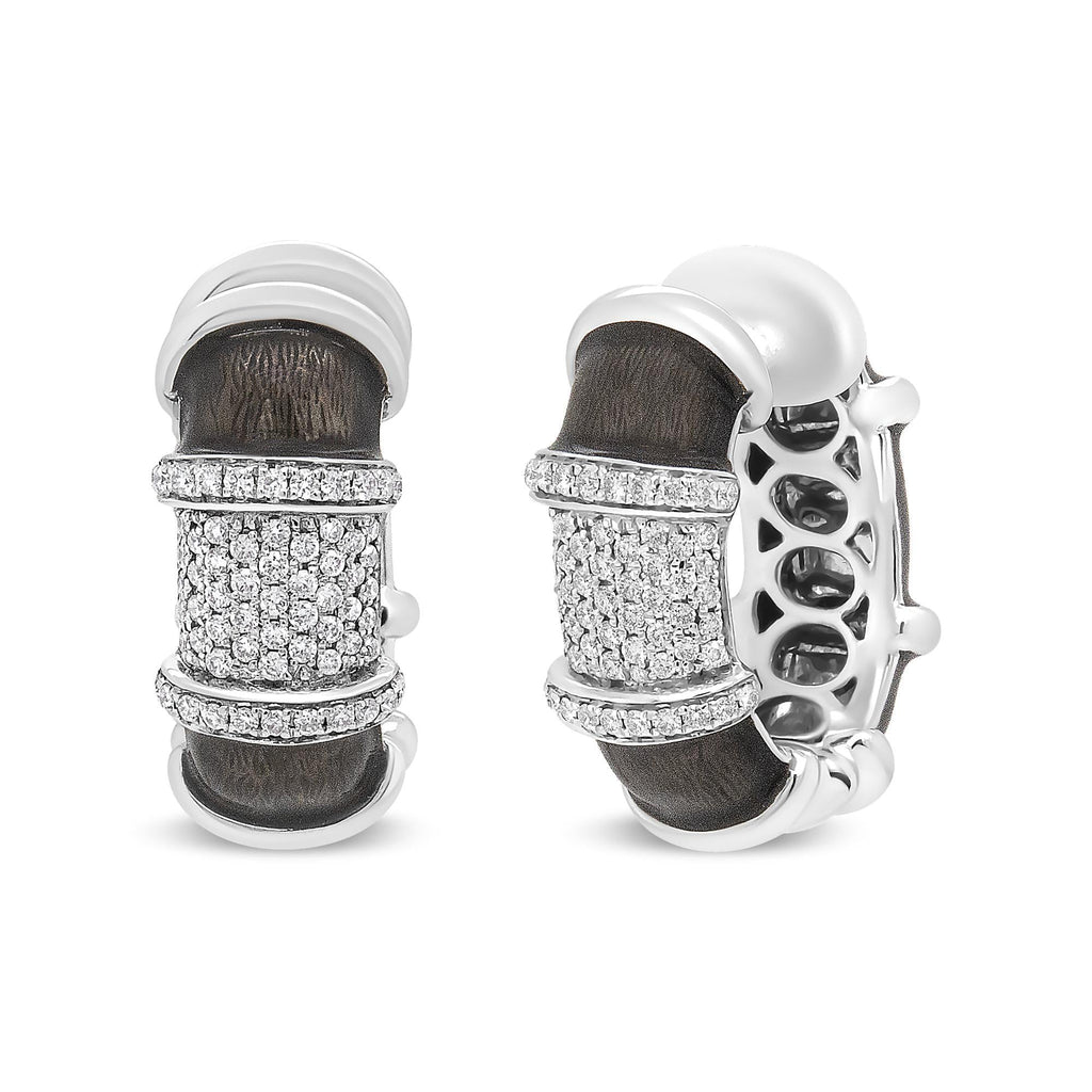 18K White Gold Flash Plated .925 Sterling Silver Clear Graphite Grey Enamel 5/8 Cttw Round Diamonds Huggie Hoop Earrings (F-G Color, VS1-VS2 Clarity) - Friggin Jewelry