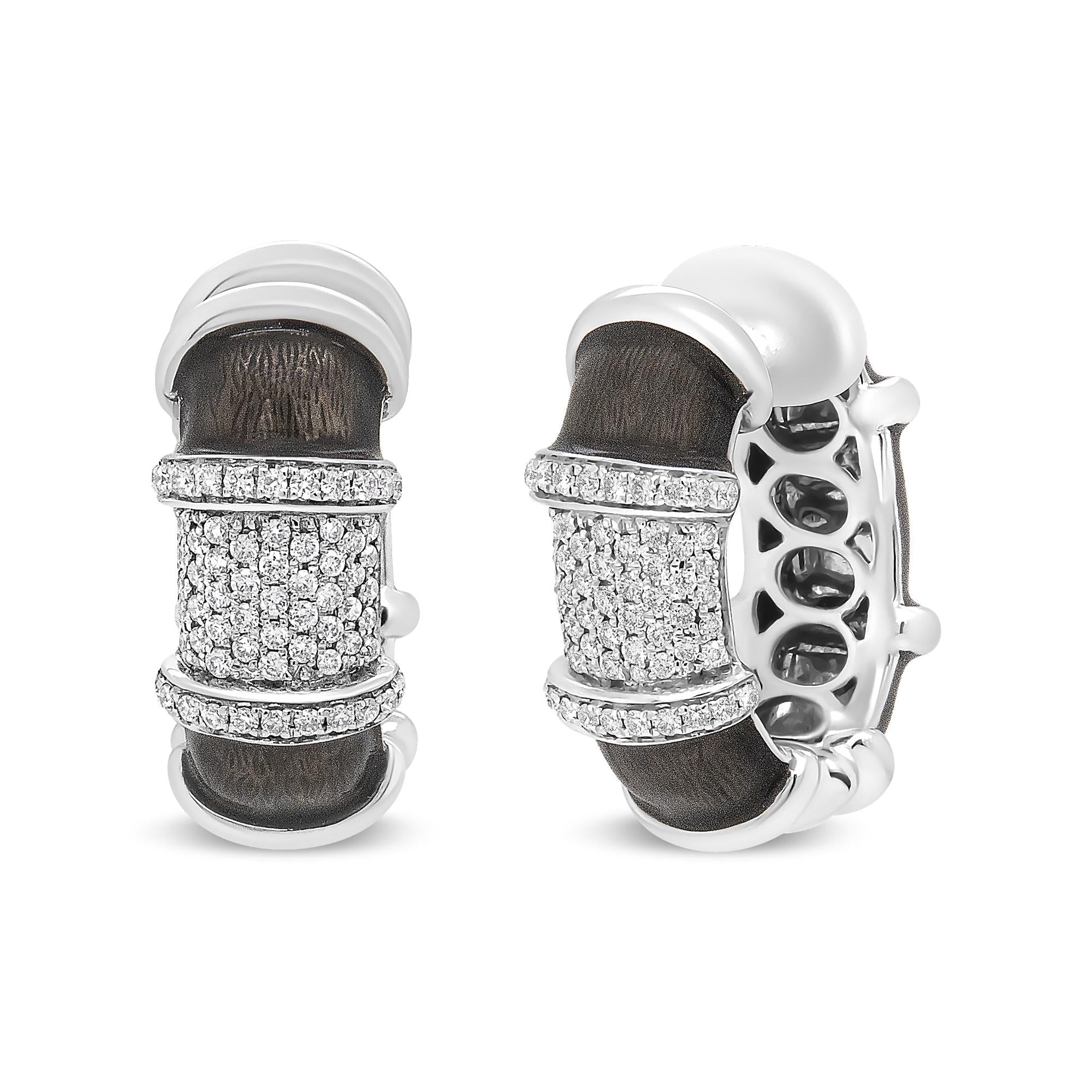 18K White Gold Flash Plated .925 Sterling Silver Clear Graphite Grey Enamel 5/8 Cttw Round Diamonds Huggie Hoop Earrings (F-G Color, VS1-VS2 Clarity) - Friggin Jewelry