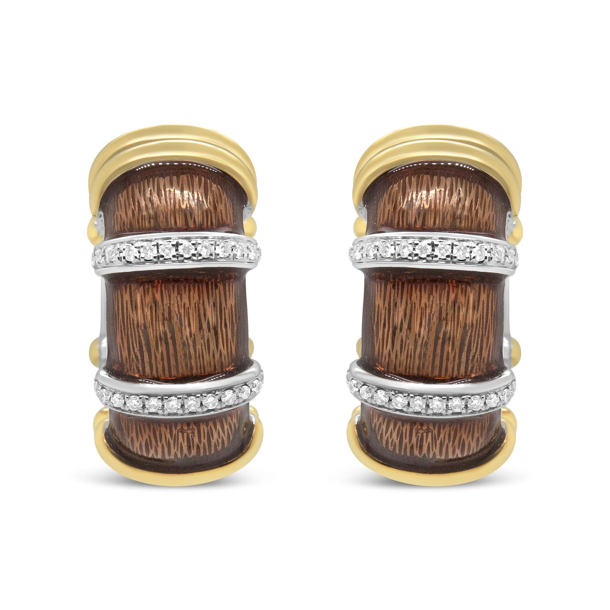 Orecchini a cerchio Huggie in argento sterling 925 placcato oro giallo e bianco 18 carati, smalto marrone trasparente, diamanti rotondi da 9/10 ct (colore FG, purezza VS1-VS2) - Friggin Jewelry
