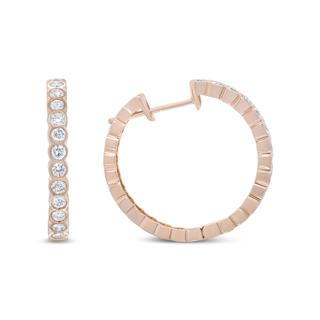 Aros de oro rosa de 18 quilates con diamantes redondos engastados en bisel de 1 quilates (color FG, claridad VS1-VS2) - Friggin Jewelry