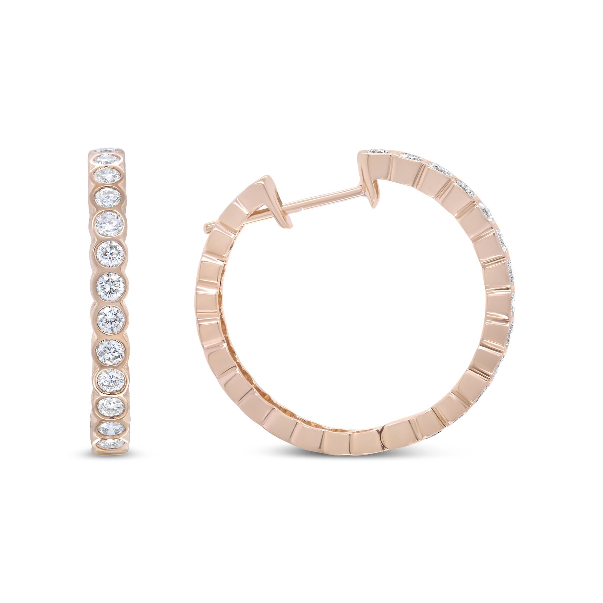 18K Rose Gold 1 Cttw Round Bezel-Set Diamond Hoop Earrings (F-G Color, VS1-VS2 Clarity) - Friggin Jewelry